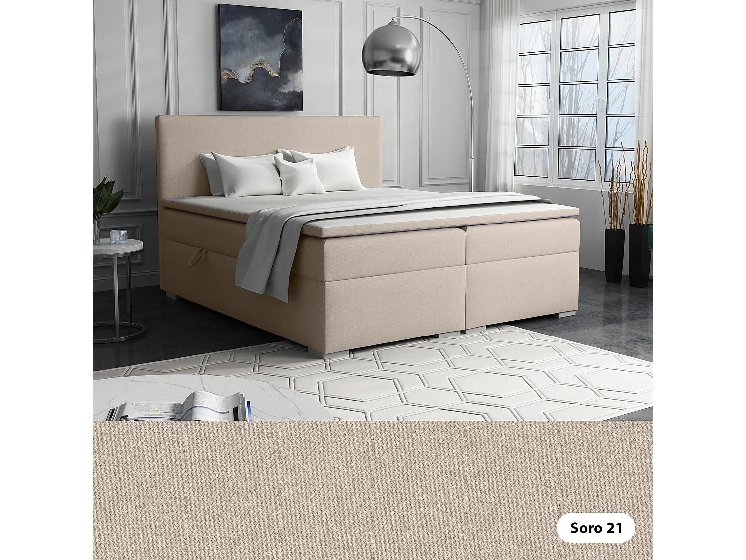 LIT BOXSPRING avec surmatelas Ennis 200x200 cm, Soro 21 (Ivoire)