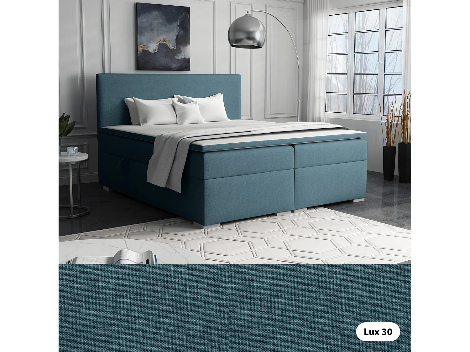 LIT BOXSPRING avec surmatelas Ennis 140x200 cm, Lux 30 (Bleu-vert)