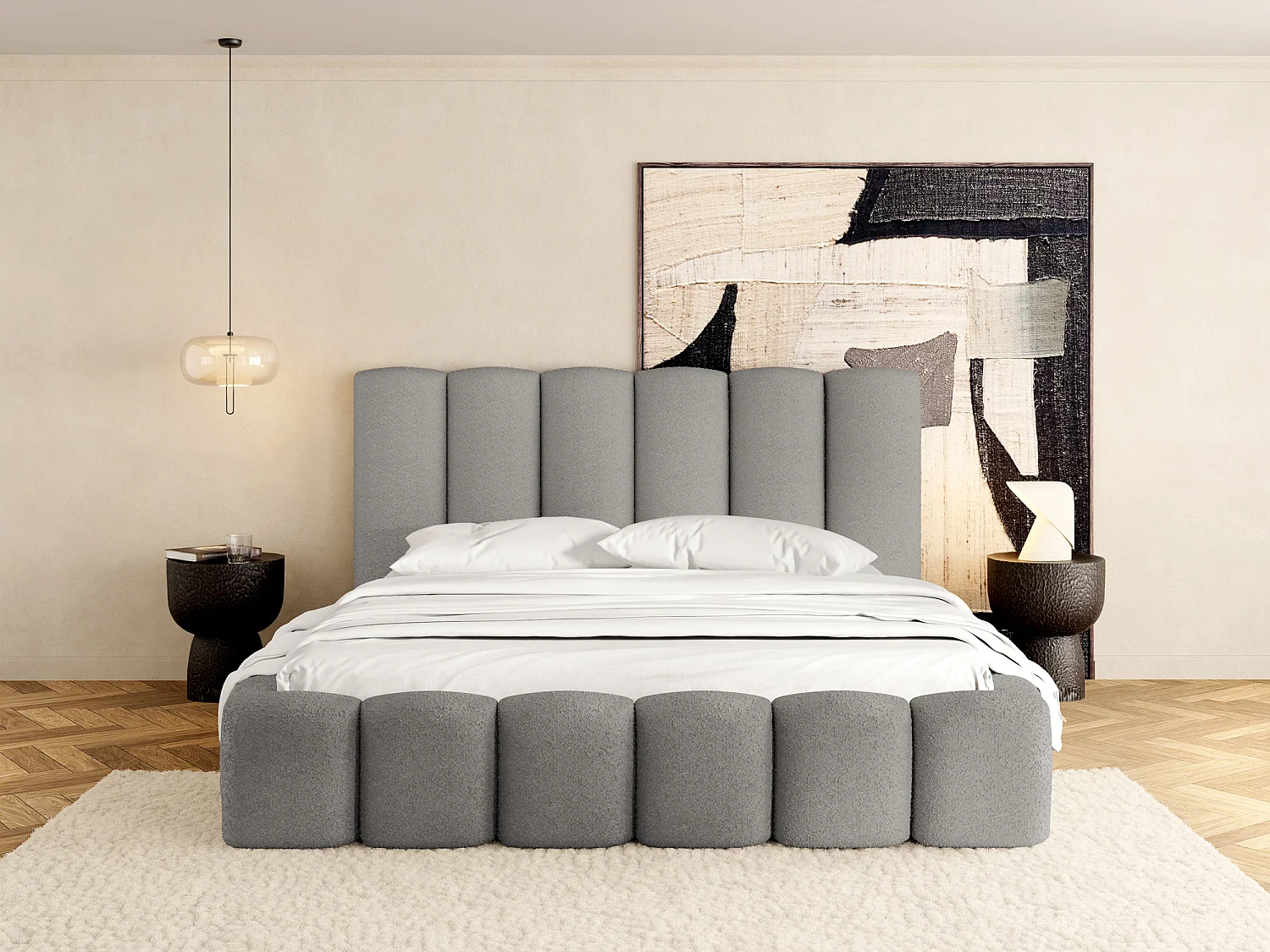 Polsterbett 160x200 – Bettkasten mit Lattenrost – Boucle oder Samt Grau – Hohes Kopfteil – Bettgestell ohne Matratze – Serenity – Grau