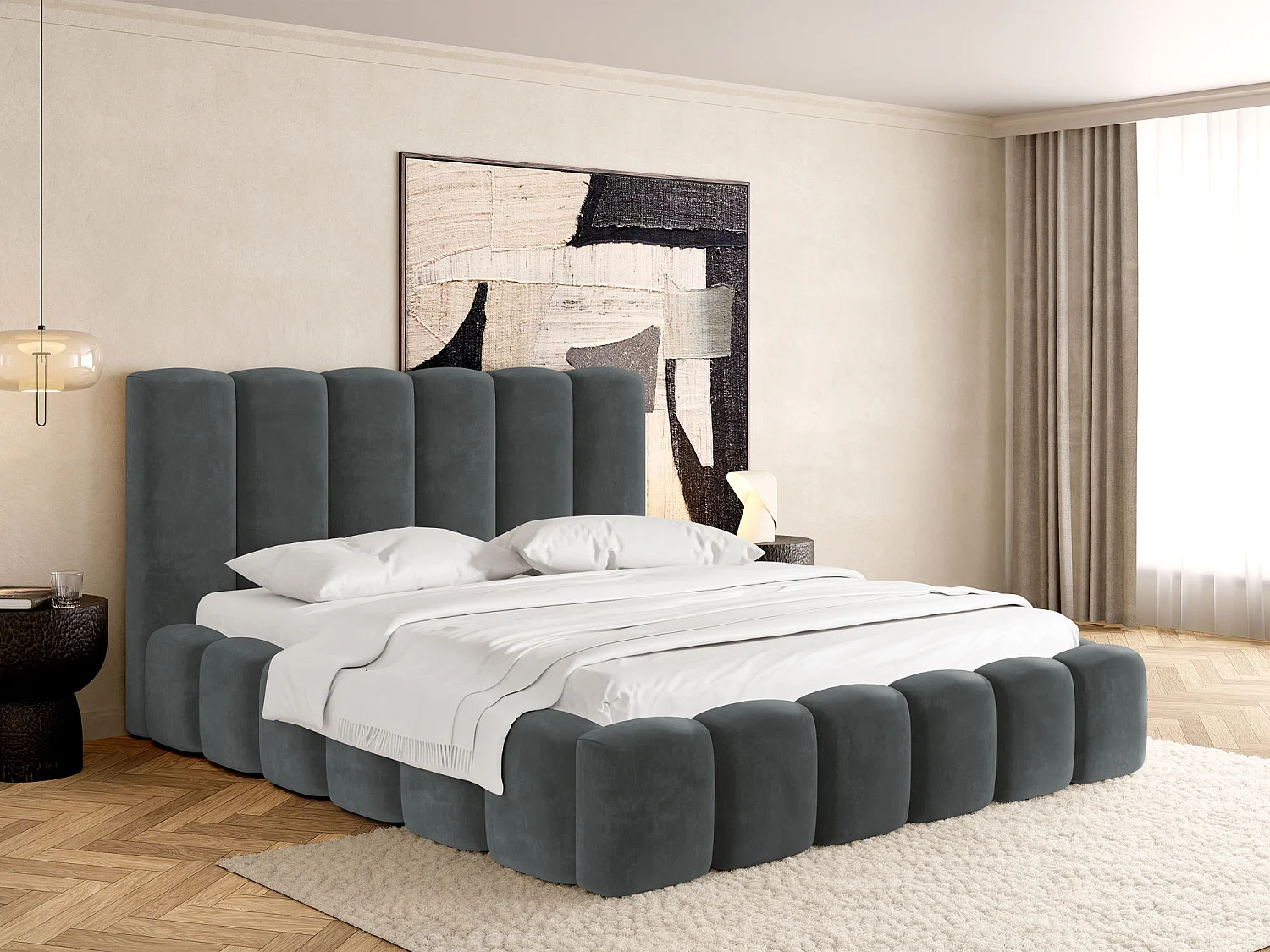 Polsterbett 160x200 – Bettkasten mit Lattenrost – Boucle oder Samt Grau – Hohes Kopfteil – Bettgestell ohne Matratze – Serenity – Grau
