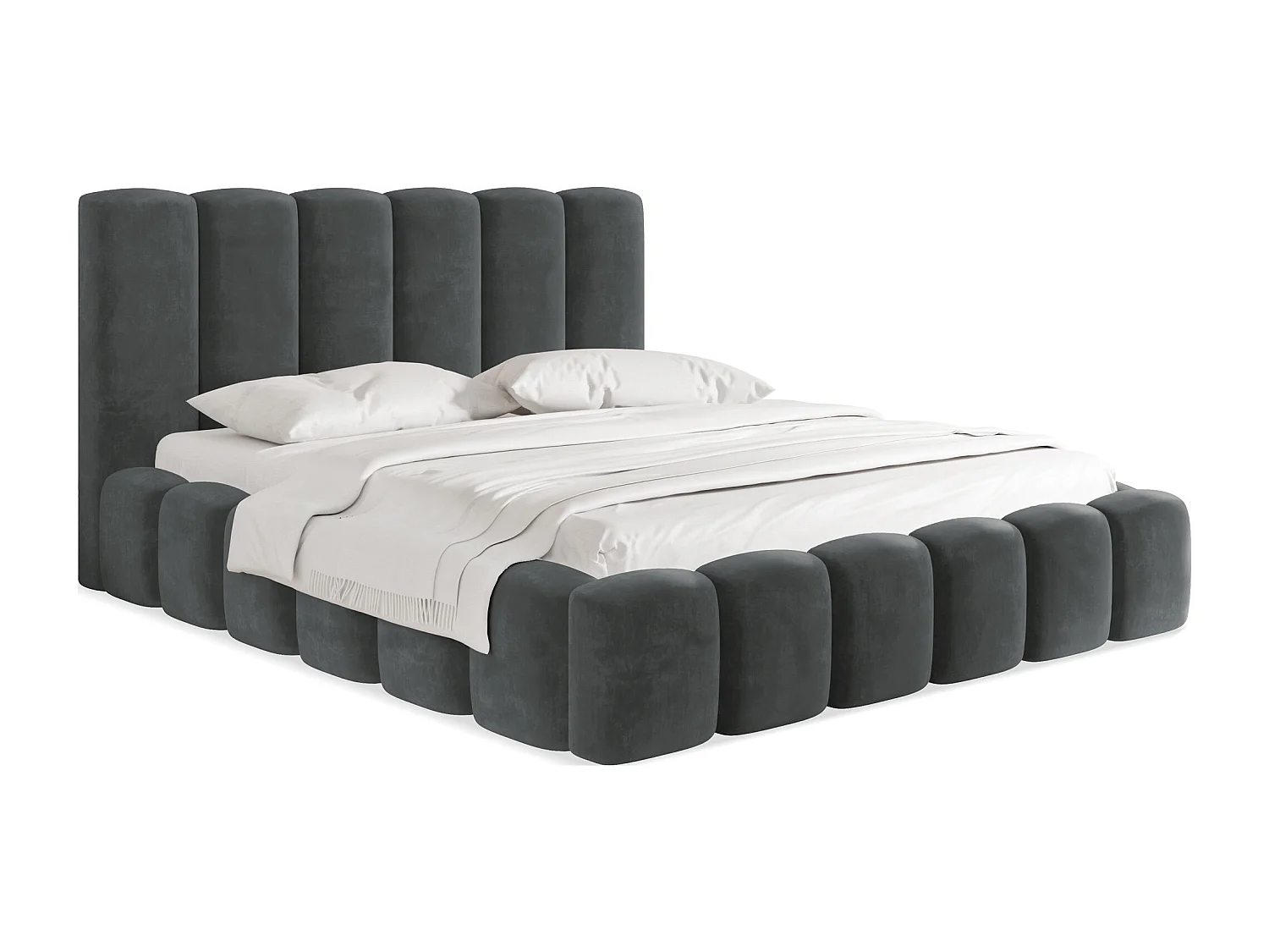 Polsterbett 160x200 – Bettkasten mit Lattenrost – Boucle oder Samt Grau – Hohes Kopfteil – Bettgestell ohne Matratze – Serenity – Grau