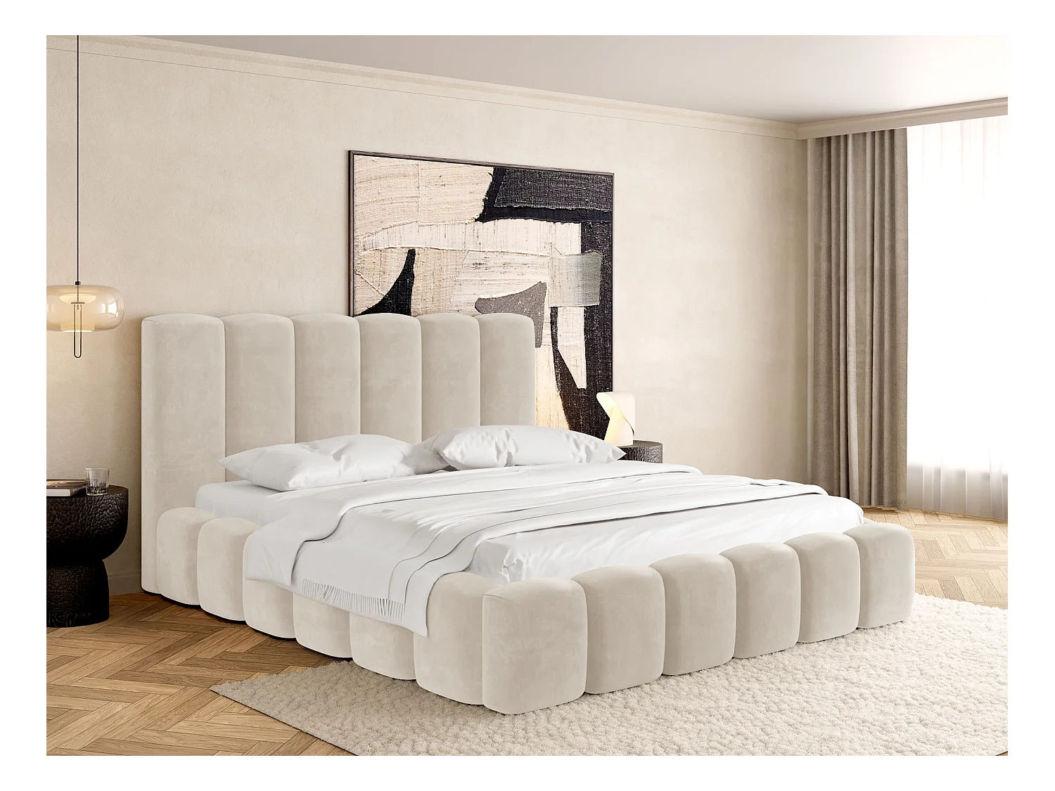 Lit Rembourré 200x200 - Lit Coffre en Tissu Blanc - Rangement - Cadre avec Sommier, sans Matelas - Tête Capitonnée - Serenity - Blanc