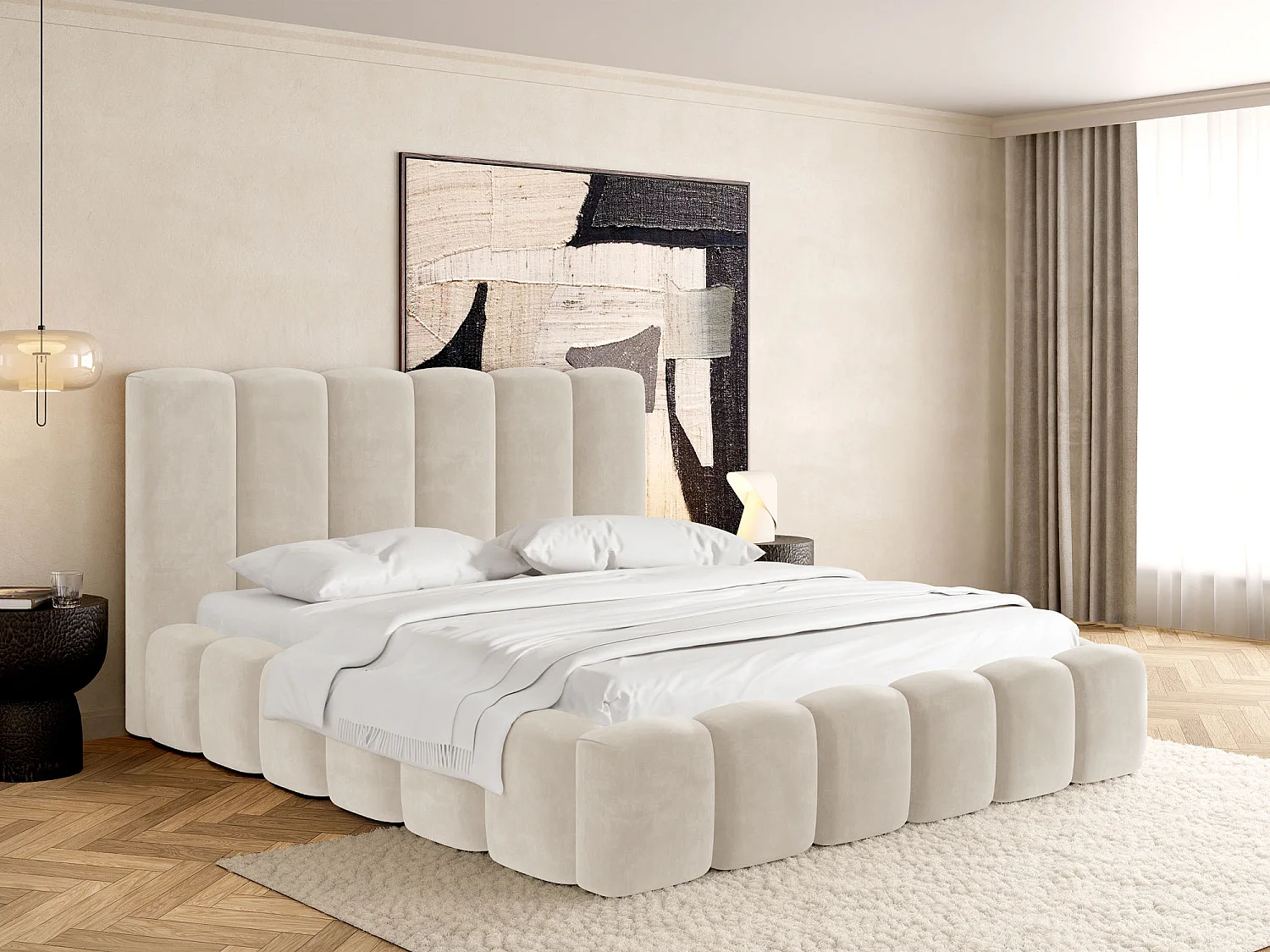 Polsterbett 200x200 – Bettkasten mit Lattenrost – Boucle oder Samt Weiß – Hohes Kopfteil – Bettgestell ohne Matratze – Serenity – Weiß