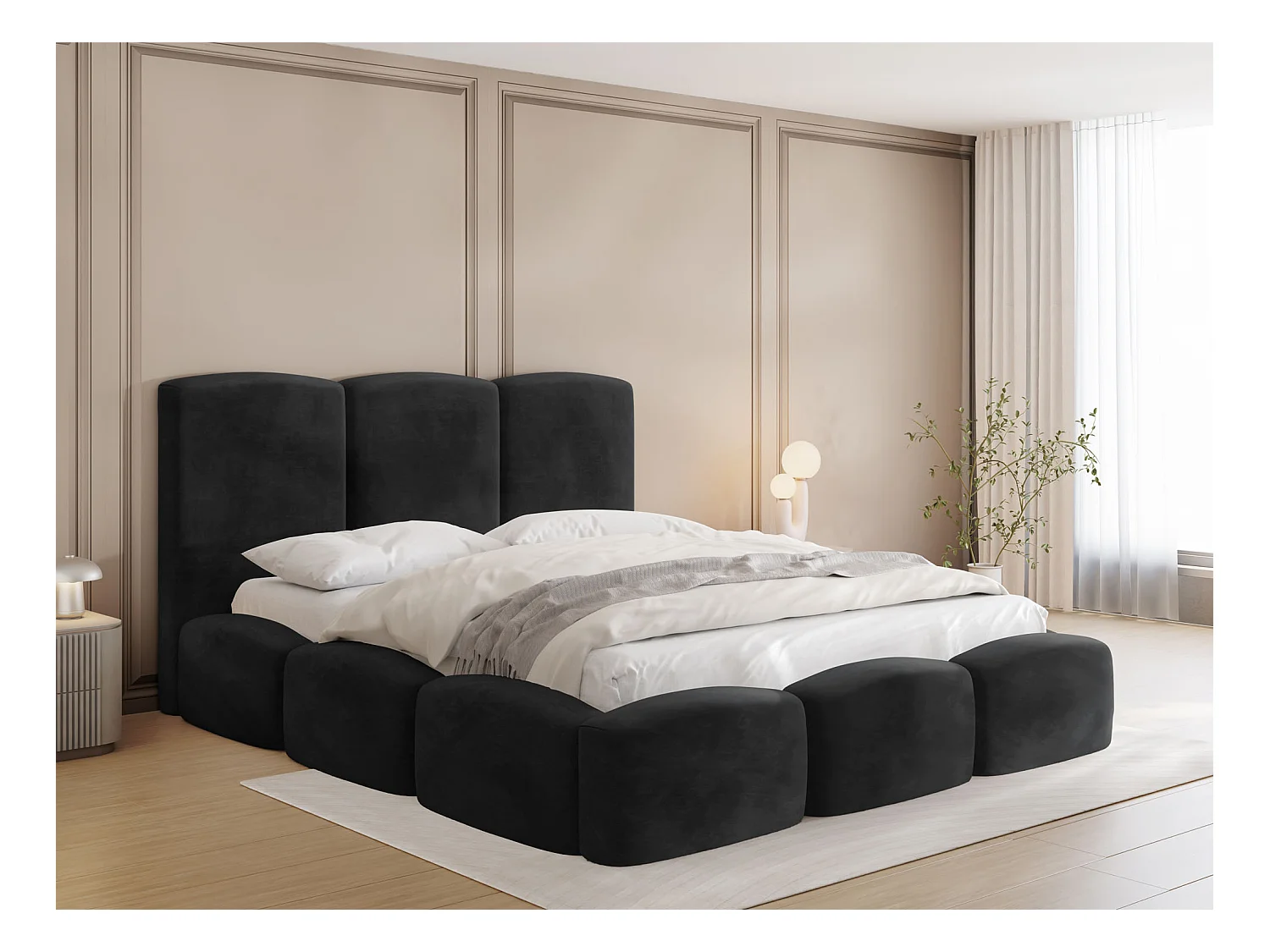 Lit Rembourré 160x200 - Lit Coffre en Tissu Velours Noir - Rangement - Cadre avec Sommier à Lattes - Tête Capitonnée - Harmony - Lit Adulte Moderne