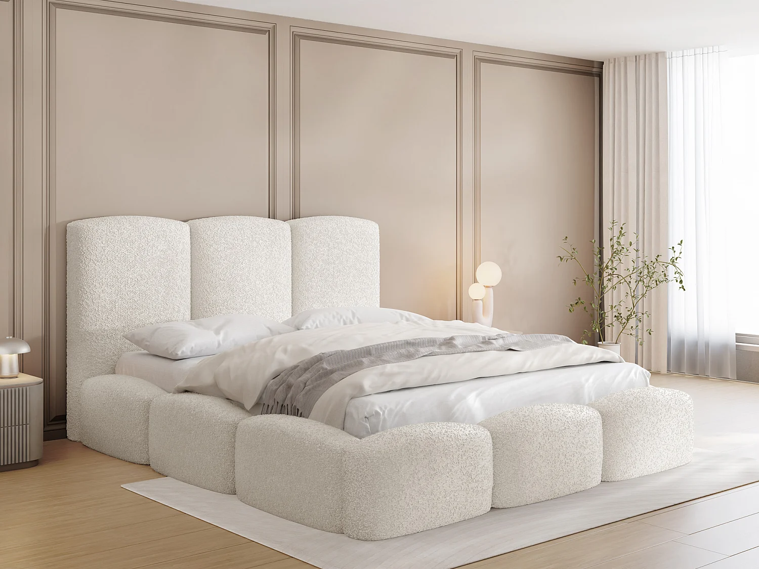 Polsterbett 140x200 – Bettkasten mit Lattenrost – Boucle oder Samt Beige – Hohes Kopfteil – Bettgestell ohne Matratze – Harmony – Modernes Doppelbett – Creme