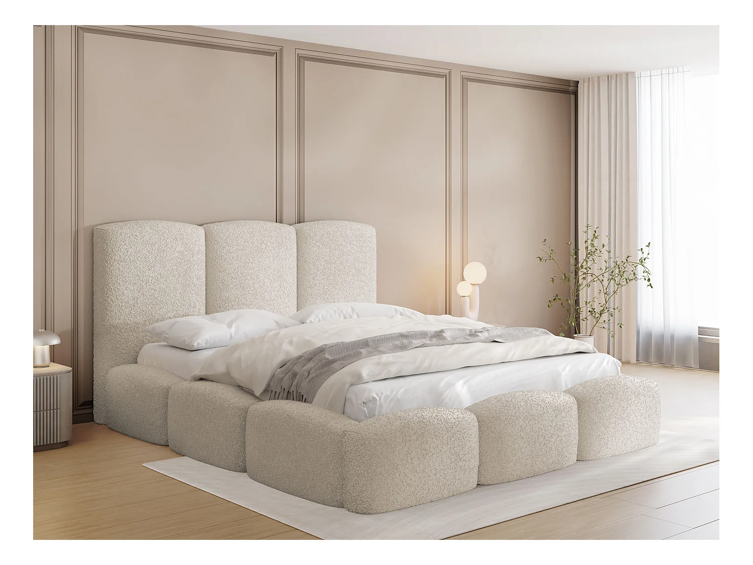 Lit Rembourré 140x200 - Lit Coffre en Tissu Bouclette Beige - Rangement - Cadre avec Sommier à Lattes - Tête Capitonnée - Harmony - Lit Adulte Moderne