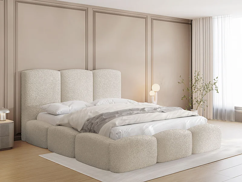 Polsterbett 140x200 – Bettkasten mit Lattenrost – Boucle oder Samt Creme – Hohes Kopfteil – Bettgestell ohne Matratze – Harmony – Modernes Doppelbett – Beige