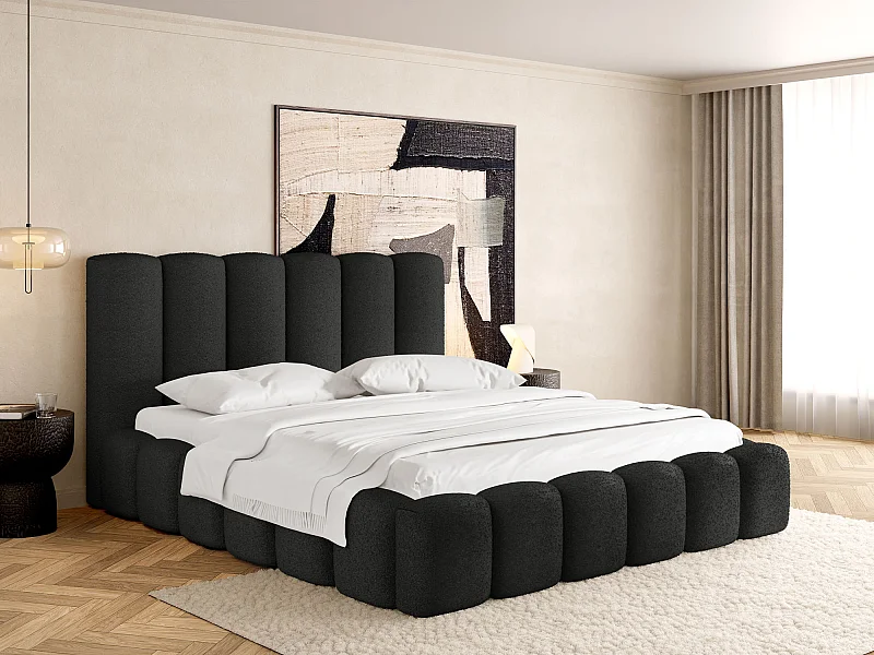 Polsterbett 200x200 – Bettkasten mit Lattenrost – Boucle oder Samt Schwarz – Hohes Kopfteil – Bettgestell ohne Matratze – Serenity – Schwarz