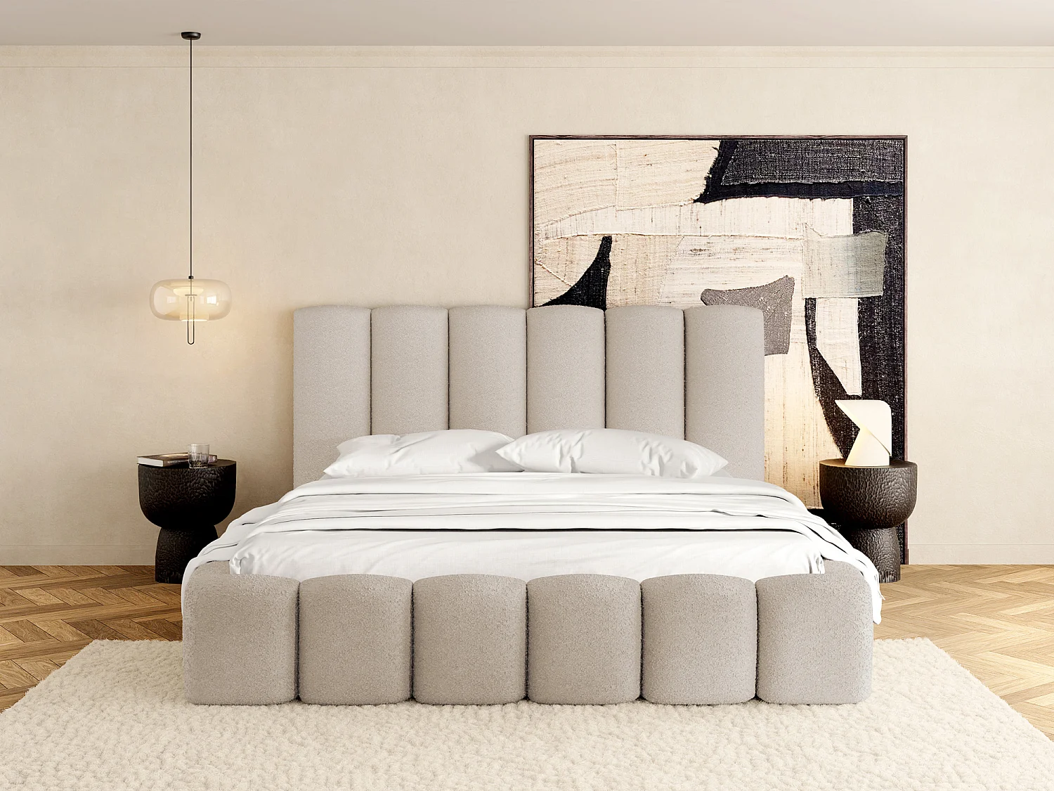 Polsterbett 160x200 – Bettkasten mit Lattenrost – Boucle oder Samt Creme – Hohes Kopfteil – Bettgestell ohne Matratze – Serenity – Creme