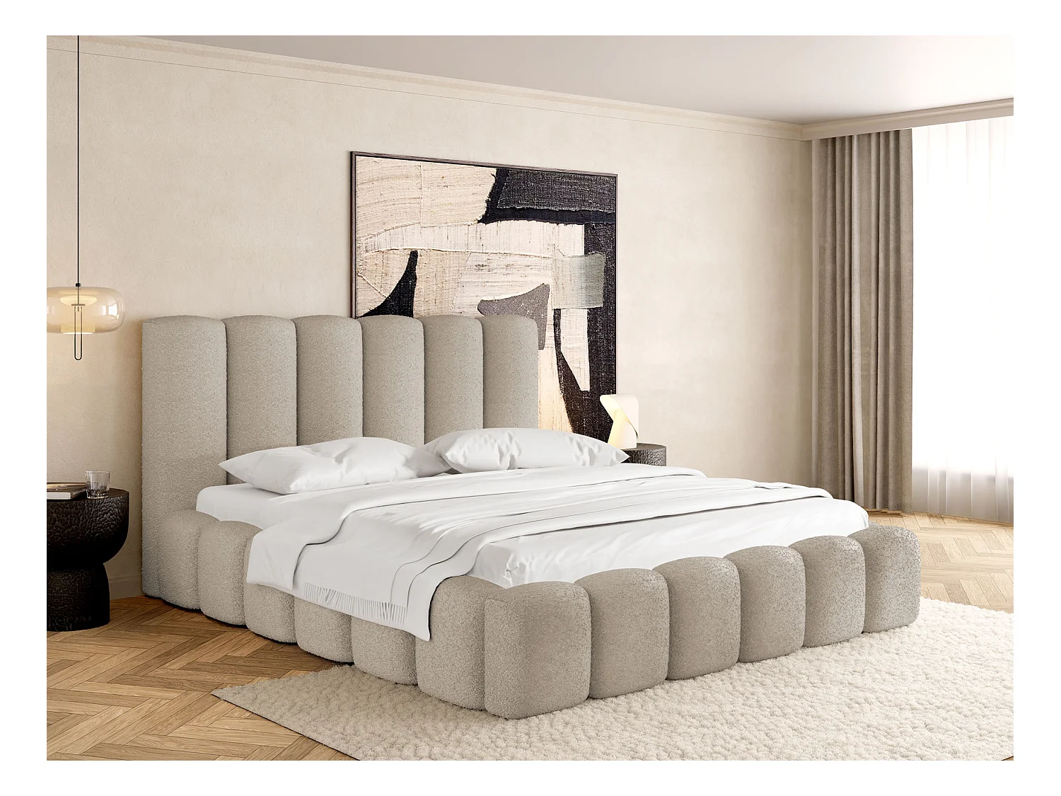 Polsterbett 180x200 – Bettkasten mit Lattenrost – Boucle oder Samt Creme – Hohes Kopfteil – Bettgestell ohne Matratze – Serenity – Creme