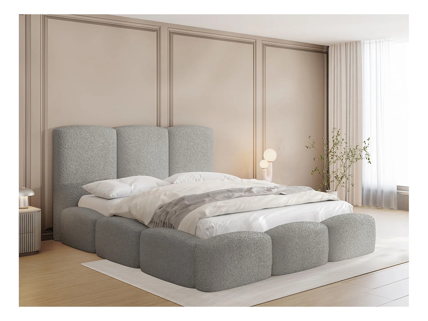 Lit Rembourré 160x200 - Lit Coffre en Tissu Bouclette Gris - Rangement - Cadre avec Sommier à Lattes - Tête Capitonnée - Harmony - Lit Adulte Moderne