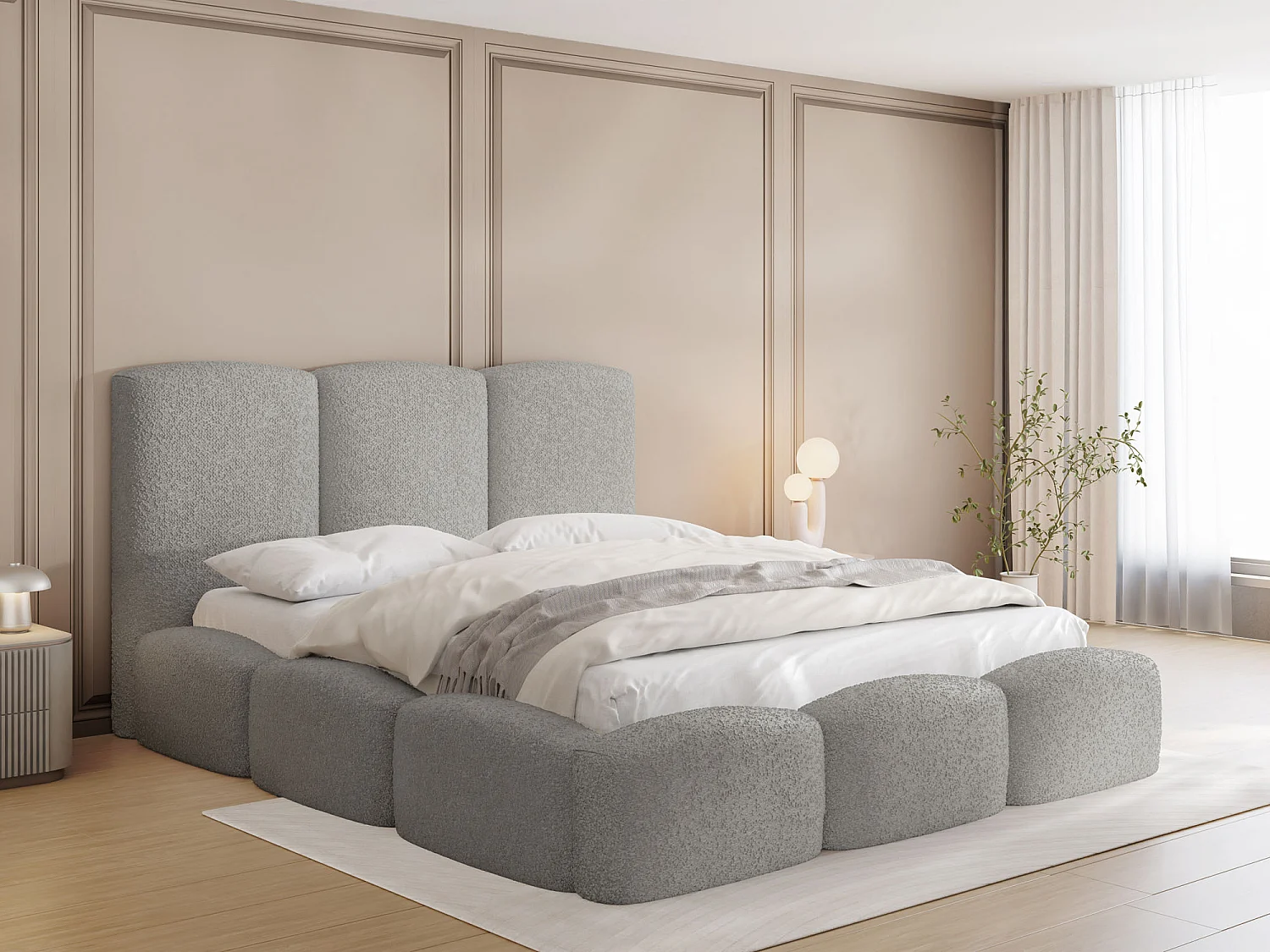 Polsterbett 200x200 – Bettkasten mit Lattenrost – Boucle oder Samt Grau – Hohes Kopfteil – Bettgestell ohne Matratze – Harmony – Modernes Doppelbett – Grau