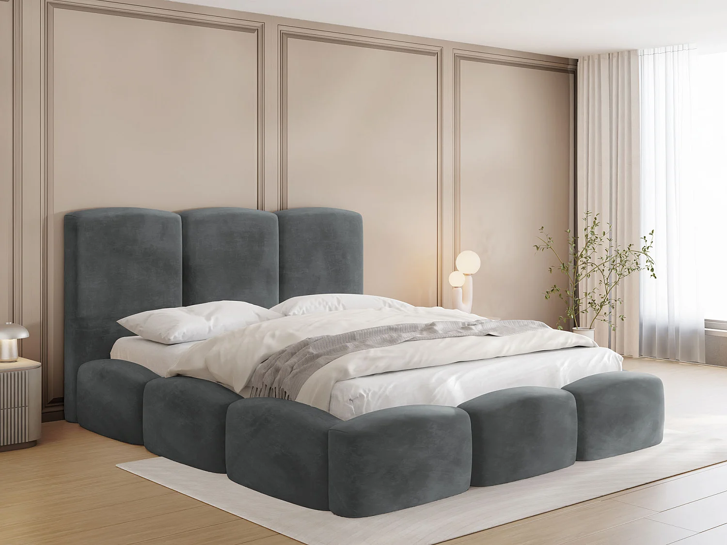 Polsterbett 180x200 – Bettkasten mit Lattenrost – Boucle oder Samt Grau – Hohes Kopfteil – Bettgestell ohne Matratze – Harmony – Modernes Doppelbett – Grau