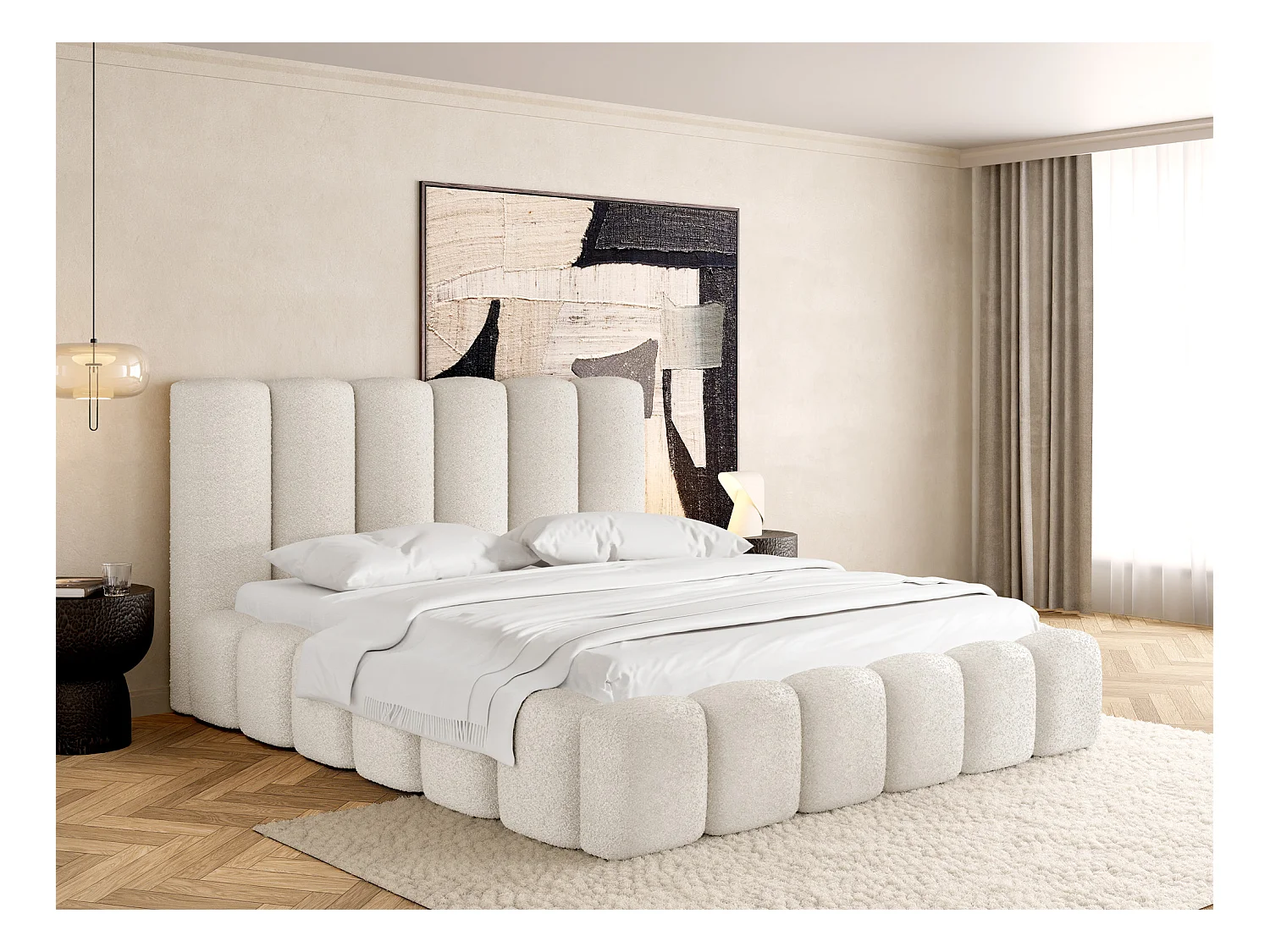 Lit Rembourré 200x200 - Lit Coffre en Tissu Blanc - Rangement - Cadre avec Sommier, sans Matelas - Tête Capitonnée - Serenity - Blanc