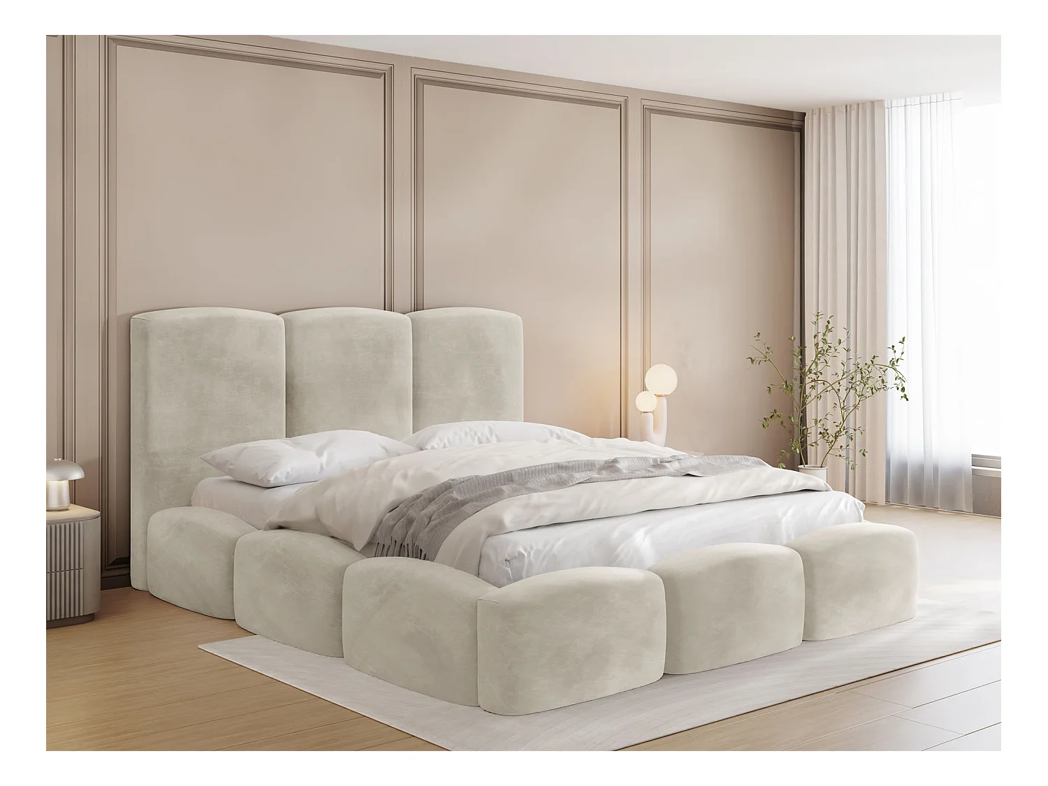 Lit Rembourré 160x200 - Lit Coffre en Tissu Velours Beige - Rangement - Cadre avec Sommier à Lattes - Tête Capitonnée - Harmony - Lit Adulte Moderne - Crème