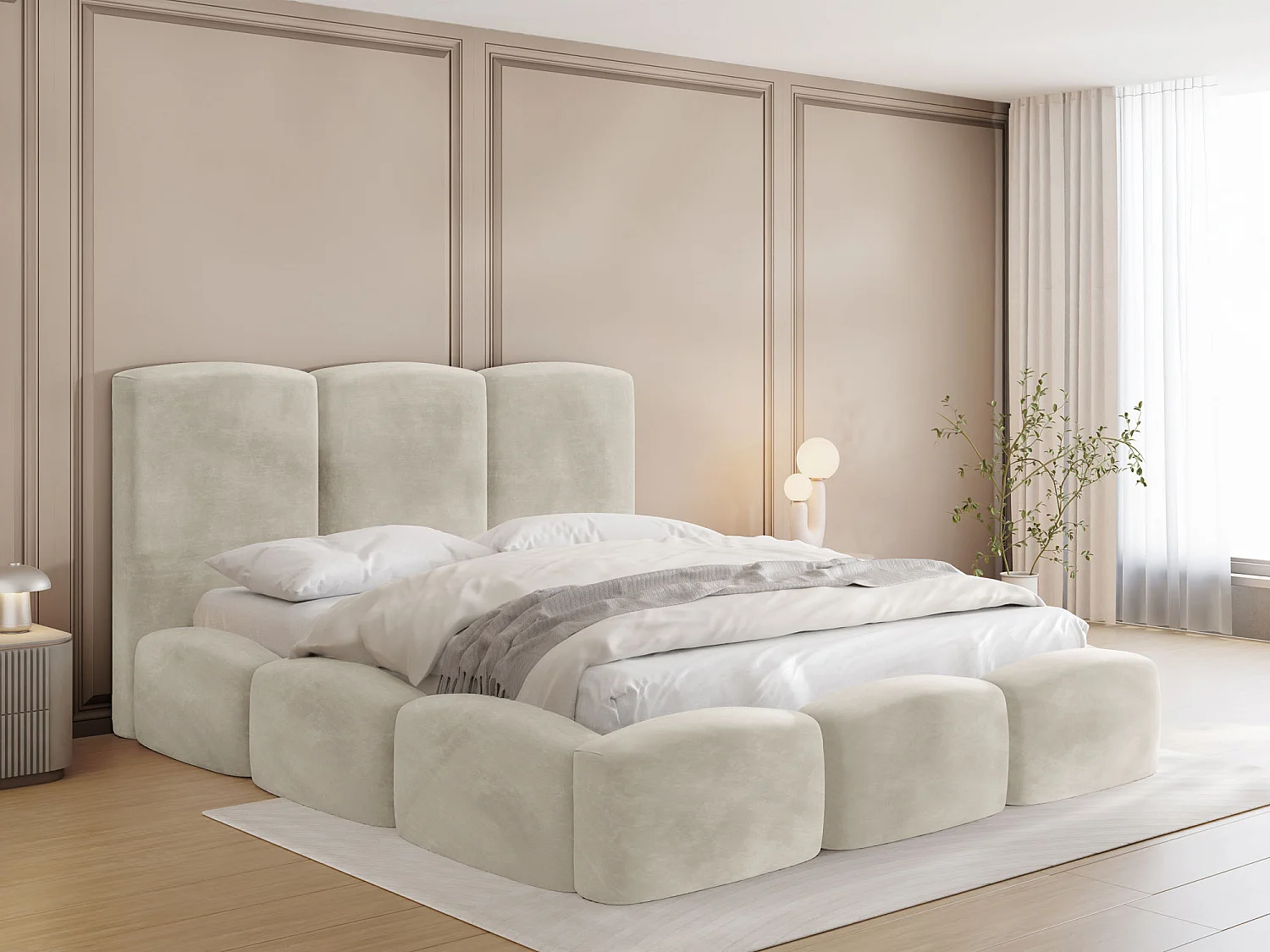 Polsterbett 160x200 – Bettkasten mit Lattenrost – Boucle oder Samt Creme – Hohes Kopfteil – Bettgestell ohne Matratze – Harmony – Modernes Doppelbett – Beige