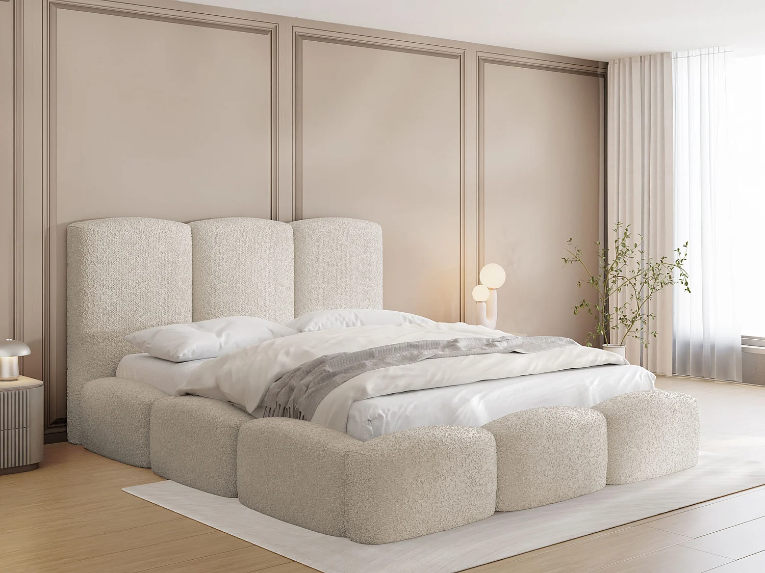 Polsterbett 160x200 – Bettkasten mit Lattenrost – Boucle oder Samt Creme – Hohes Kopfteil – Bettgestell ohne Matratze – Harmony – Modernes Doppelbett – Beige