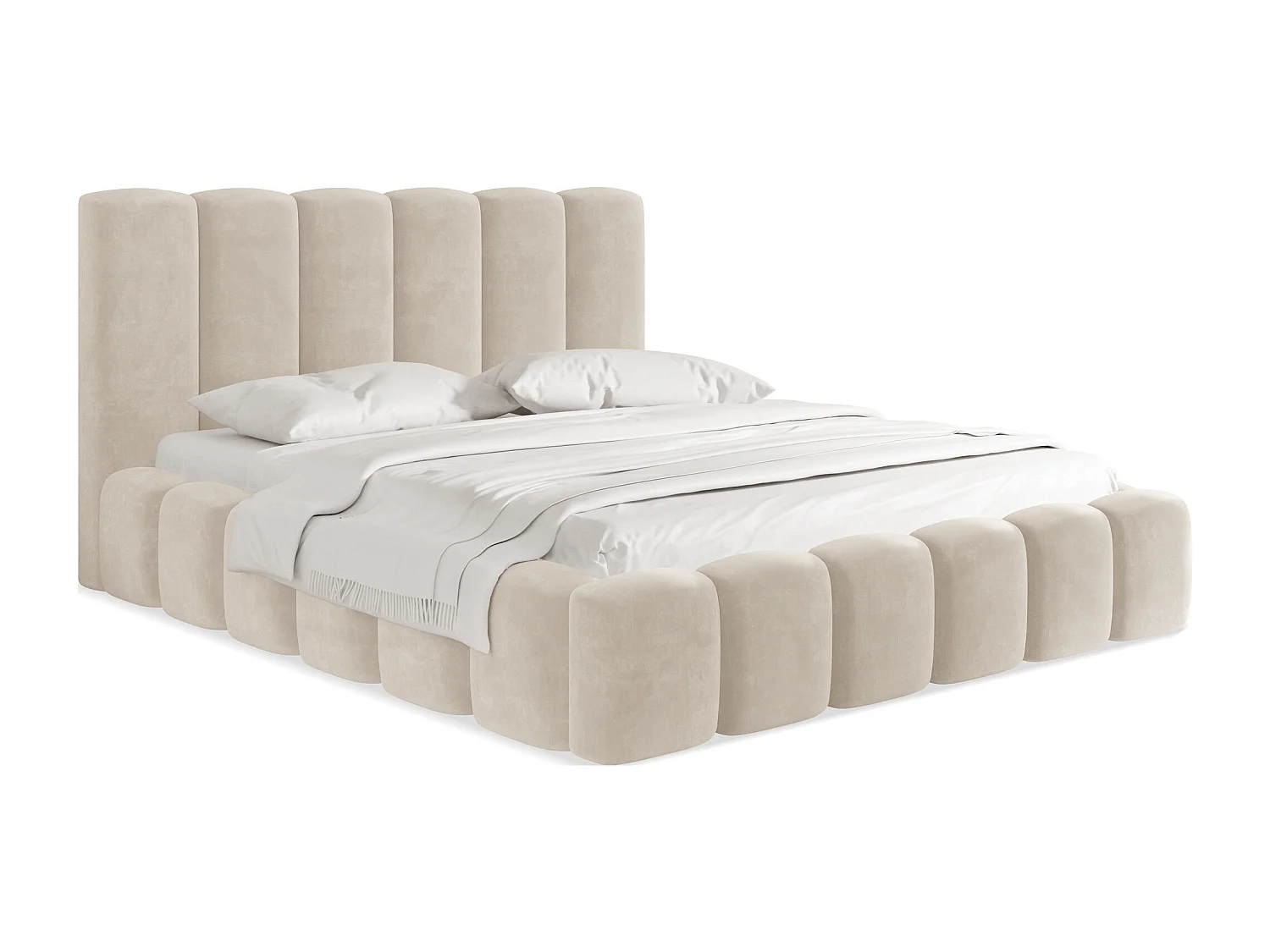 Lit Rembourré 160x200 - Lit Coffre en Tissu Blanc - Rangement - Cadre avec Sommier, sans Matelas - Tête Capitonnée - Serenity - Blanc