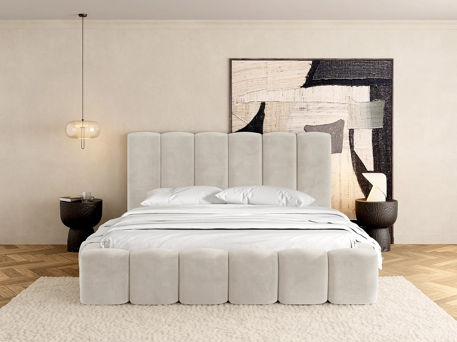 Polsterbett 160x200 – Bettkasten mit Lattenrost – Boucle oder Samt Weiß – Hohes Kopfteil – Bettgestell ohne Matratze – Serenity – Weiß