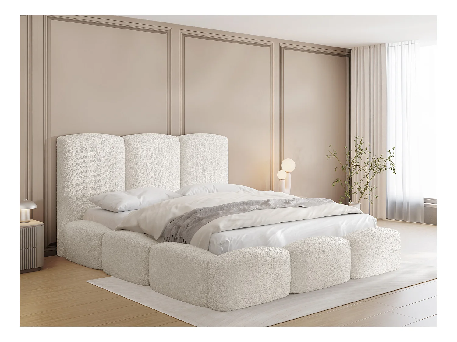 Lit Rembourré 160x200 - Lit Coffre en Tissu Bouclette Beige - Rangement - Cadre avec Sommier à Lattes - Tête Capitonnée - Harmony - Lit Adulte Moderne - Crème