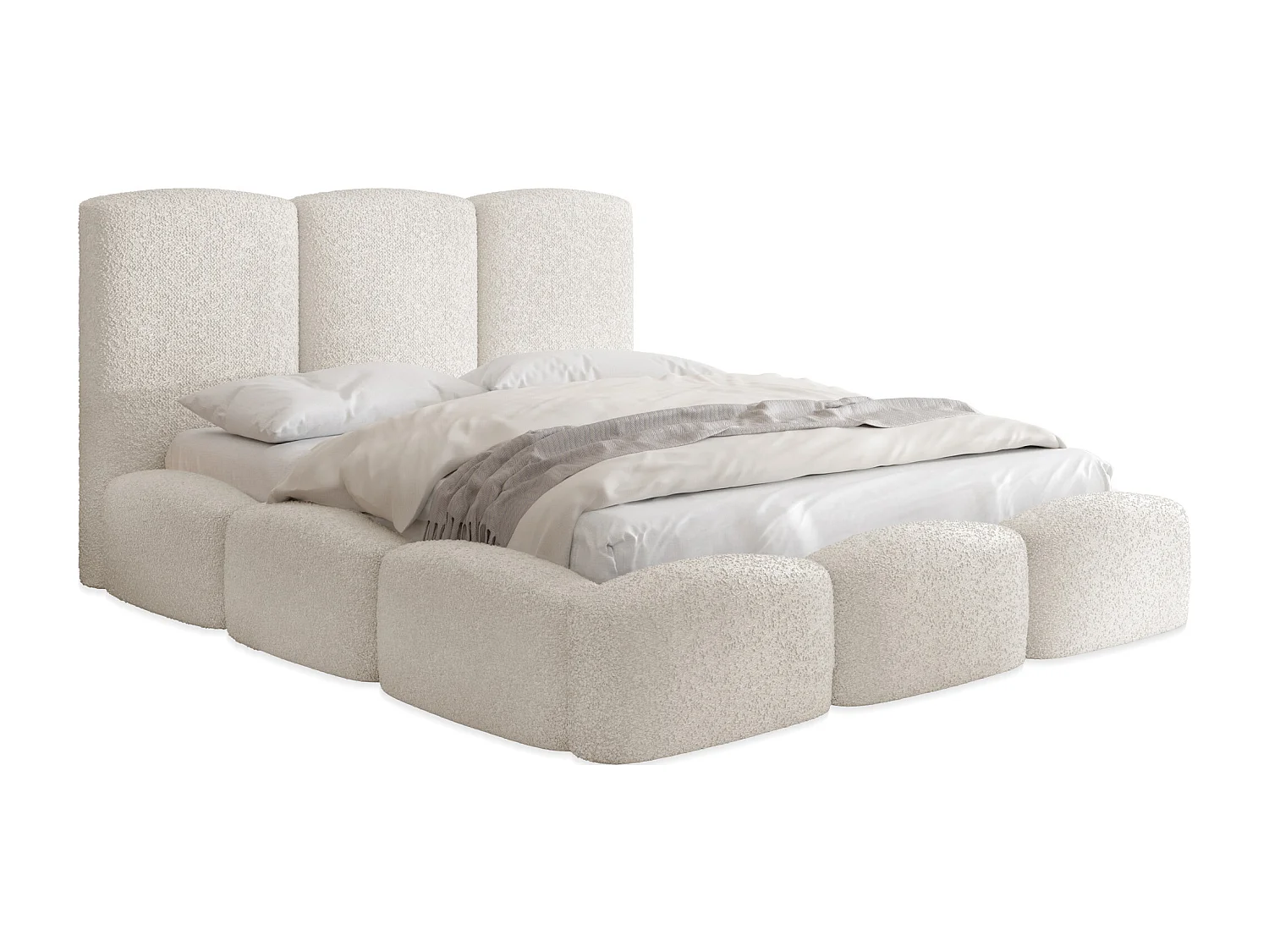 Polsterbett 160x200 – Bettkasten mit Lattenrost – Boucle oder Samt Beige – Hohes Kopfteil – Bettgestell ohne Matratze – Harmony – Modernes Doppelbett – Creme