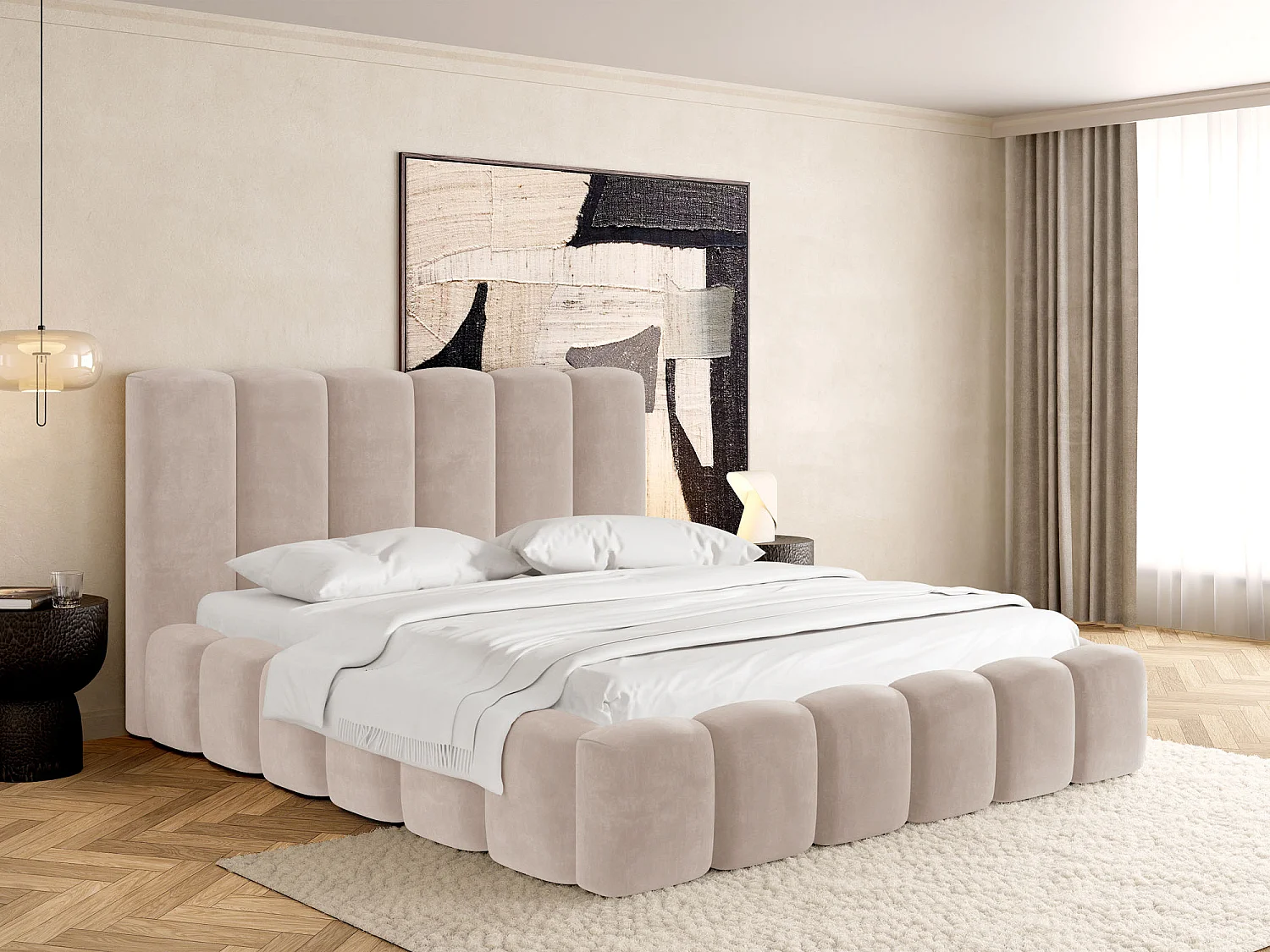 Polsterbett 160x200 – Bettkasten mit Lattenrost – Boucle oder Samt Creme – Hohes Kopfteil – Bettgestell ohne Matratze – Serenity – Creme