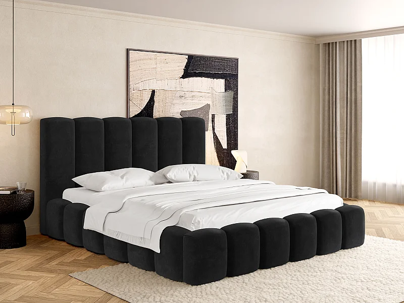Lit Rembourré 140x200 - Lit Coffre en Tissu Noir - Rangement - Cadre avec Sommier, sans Matelas - Tête Capitonnée - Serenity - Noir