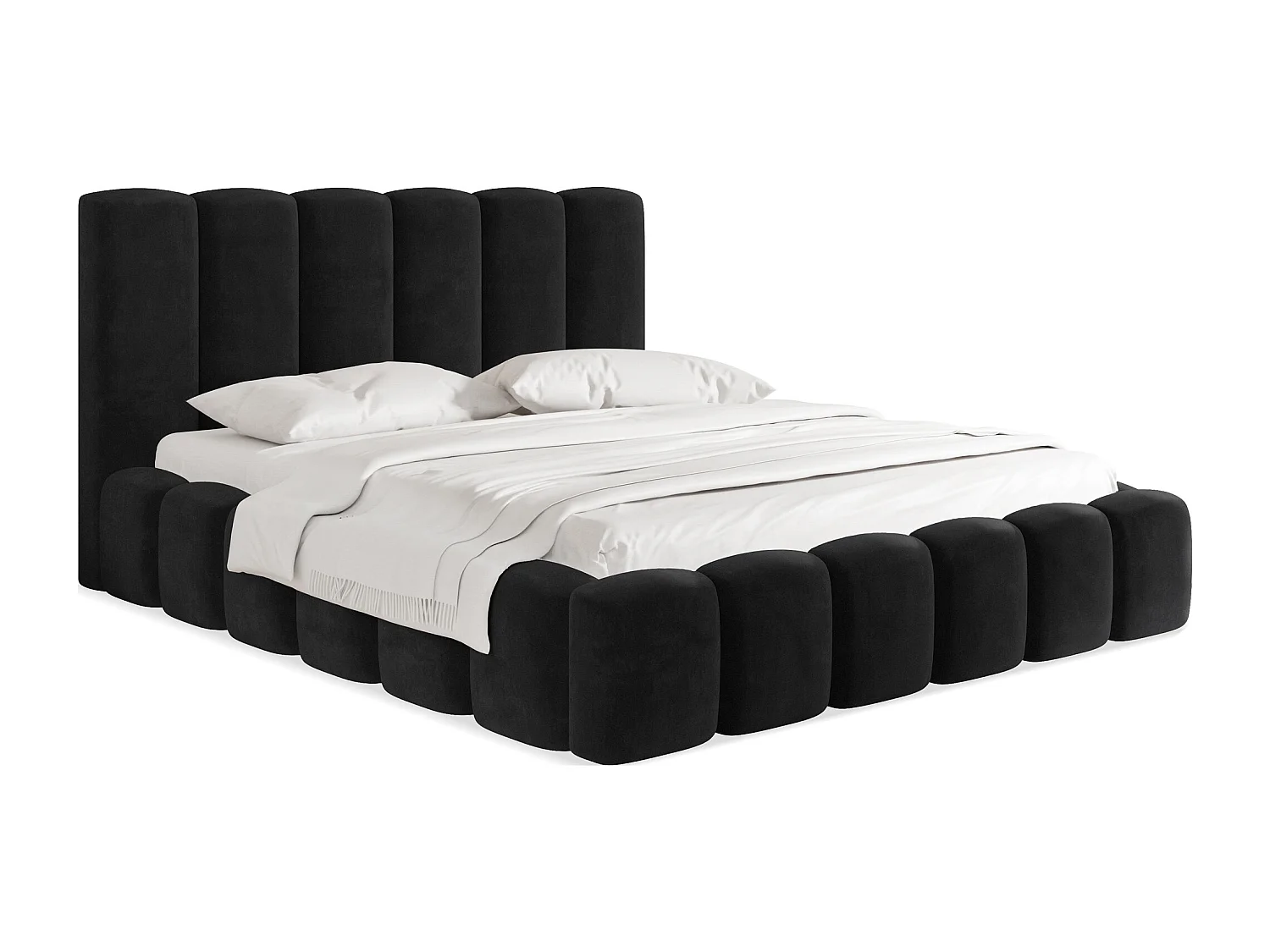 Polsterbett 140x200 – Bettkasten mit Lattenrost – Boucle oder Samt Schwarz – Hohes Kopfteil – Bettgestell ohne Matratze – Serenity – Schwarz