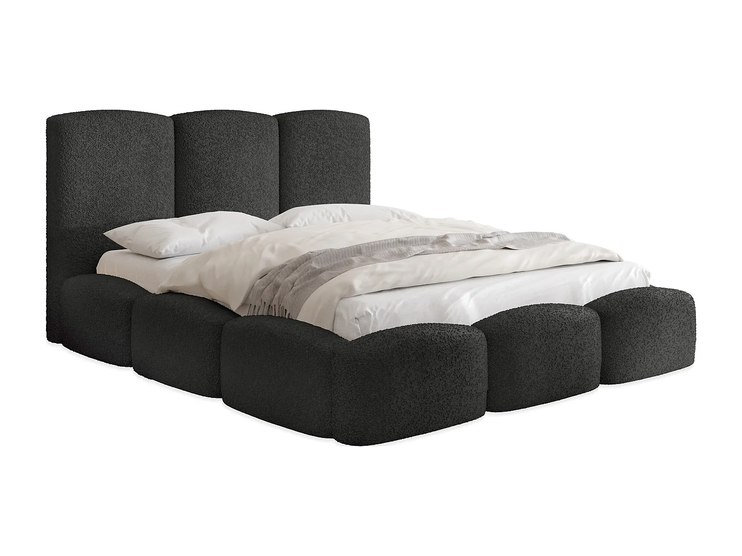Polsterbett 160x200 – Bettkasten mit Lattenrost – Boucle oder Samt Schwarz – Hohes Kopfteil – Bettgestell ohne Matratze – Harmony – Modernes Doppelbett – Schwarz