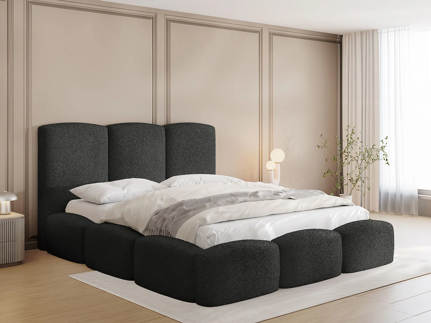 Polsterbett 160x200 – Bettkasten mit Lattenrost – Boucle oder Samt Schwarz – Hohes Kopfteil – Bettgestell ohne Matratze – Harmony – Modernes Doppelbett – Schwarz