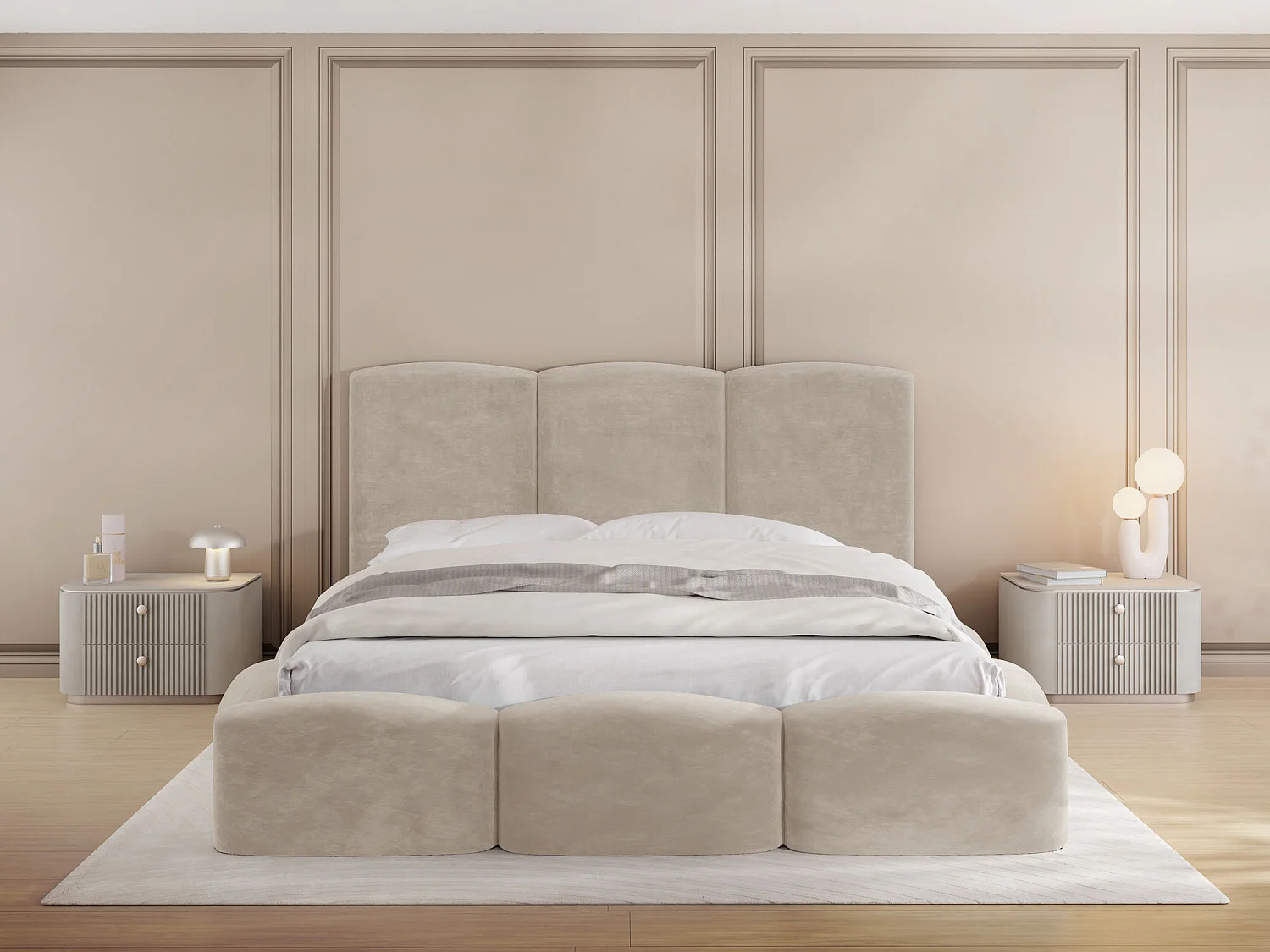 Polsterbett 120x200 – Bettkasten mit Lattenrost – Boucle oder Samt Creme – Hohes Kopfteil – Bettgestell ohne Matratze – Harmony – Modernes Doppelbett – Beige