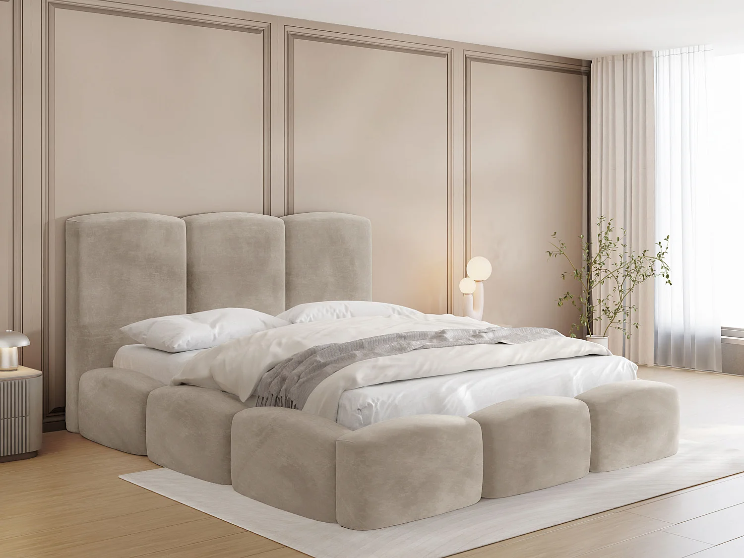 Polsterbett 120x200 – Bettkasten mit Lattenrost – Boucle oder Samt Creme – Hohes Kopfteil – Bettgestell ohne Matratze – Harmony – Modernes Doppelbett – Beige