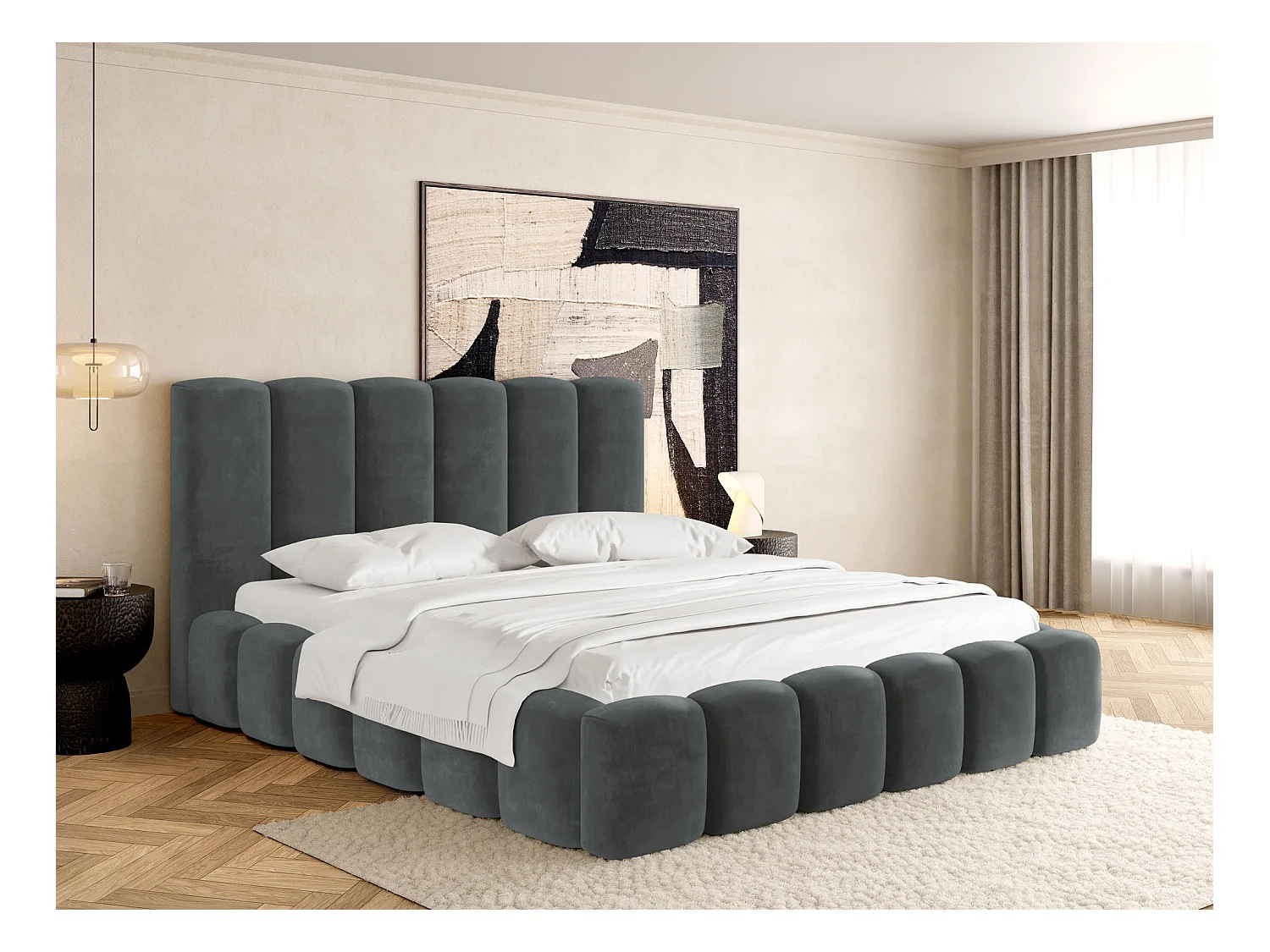 Lit Rembourré 120x200 - Lit Coffre en Tissu Gris - Rangement - Cadre avec Sommier, sans Matelas - Tête Capitonnée - Serenity - Gris