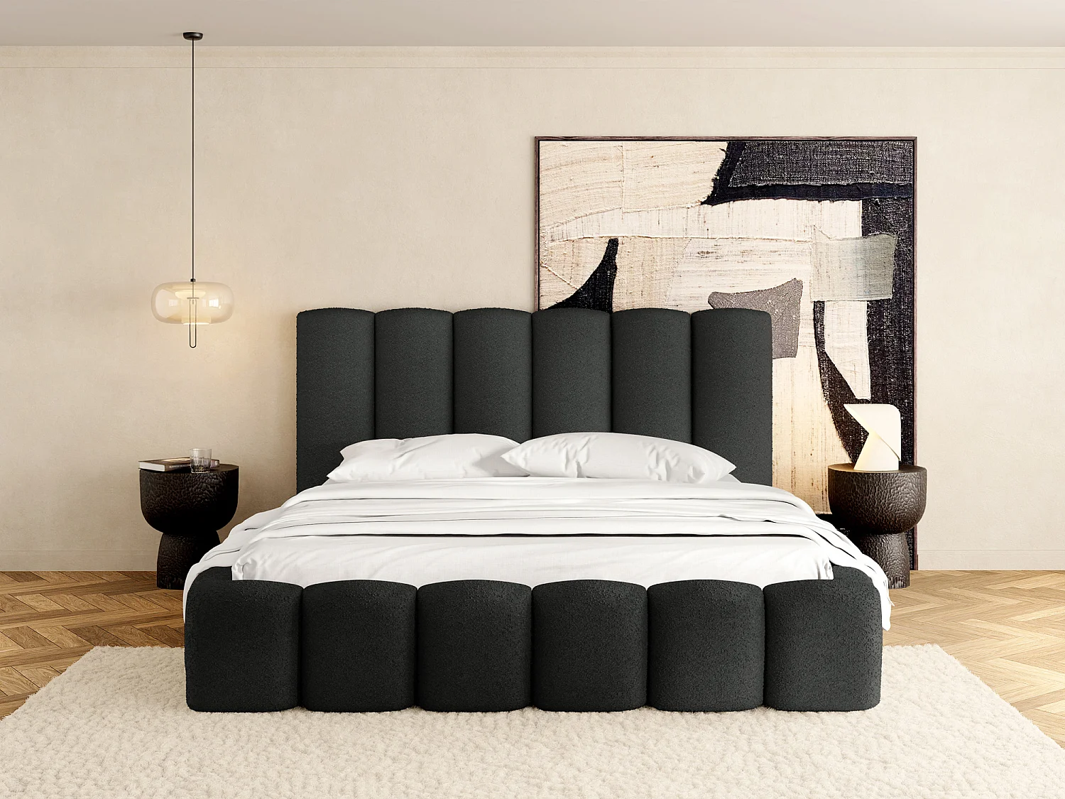 Polsterbett 140x200 – Bettkasten mit Lattenrost – Boucle oder Samt Schwarz – Hohes Kopfteil – Bettgestell ohne Matratze – Serenity – Schwarz