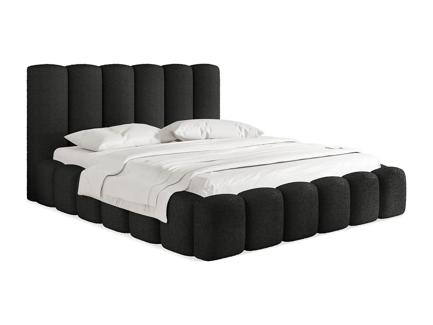 Polsterbett 140x200 – Bettkasten mit Lattenrost – Boucle oder Samt Schwarz – Hohes Kopfteil – Bettgestell ohne Matratze – Serenity – Schwarz