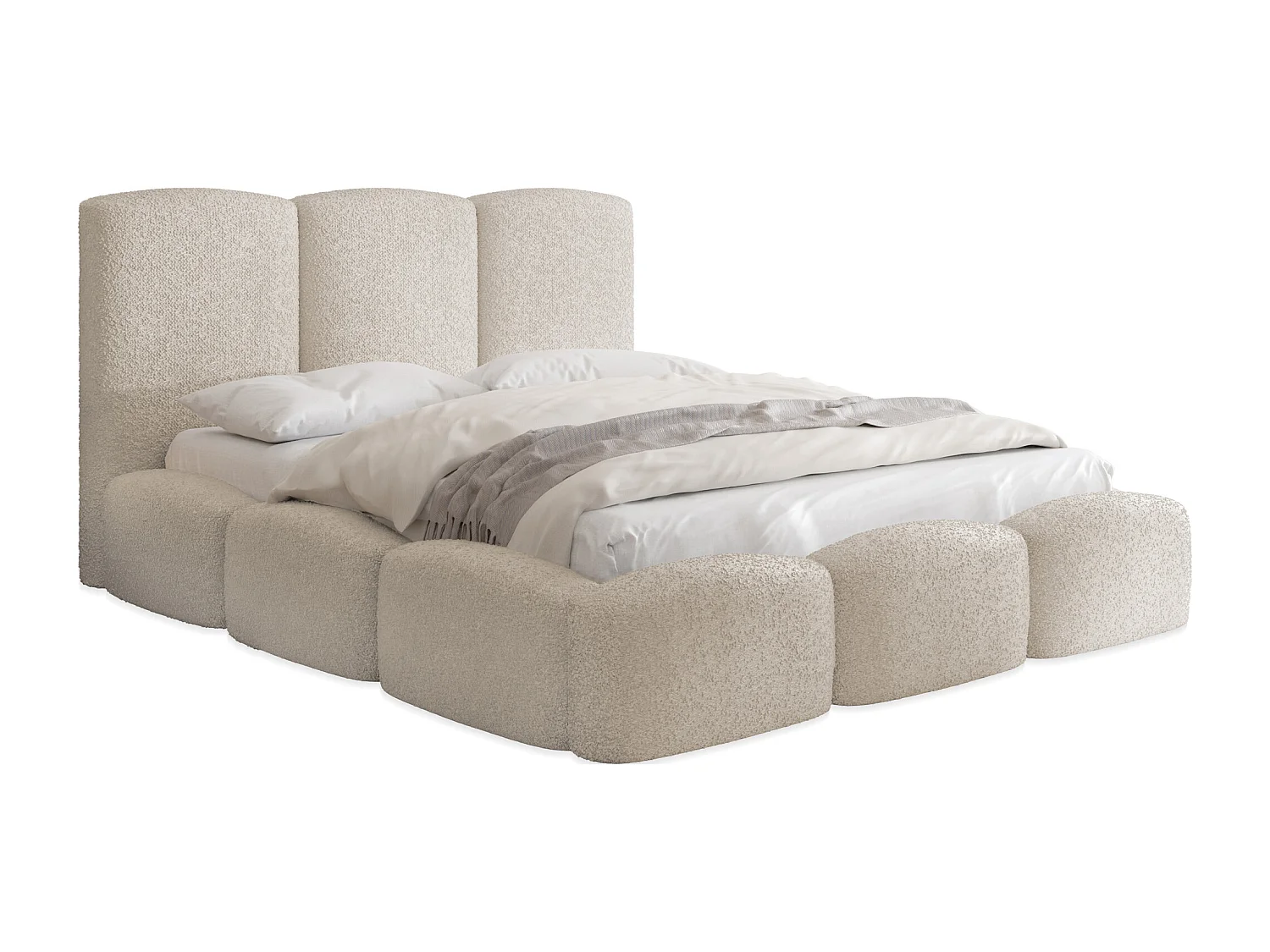 Polsterbett 200x200 – Bettkasten mit Lattenrost – Boucle oder Samt Creme – Hohes Kopfteil – Bettgestell ohne Matratze – Harmony – Modernes Doppelbett – Beige