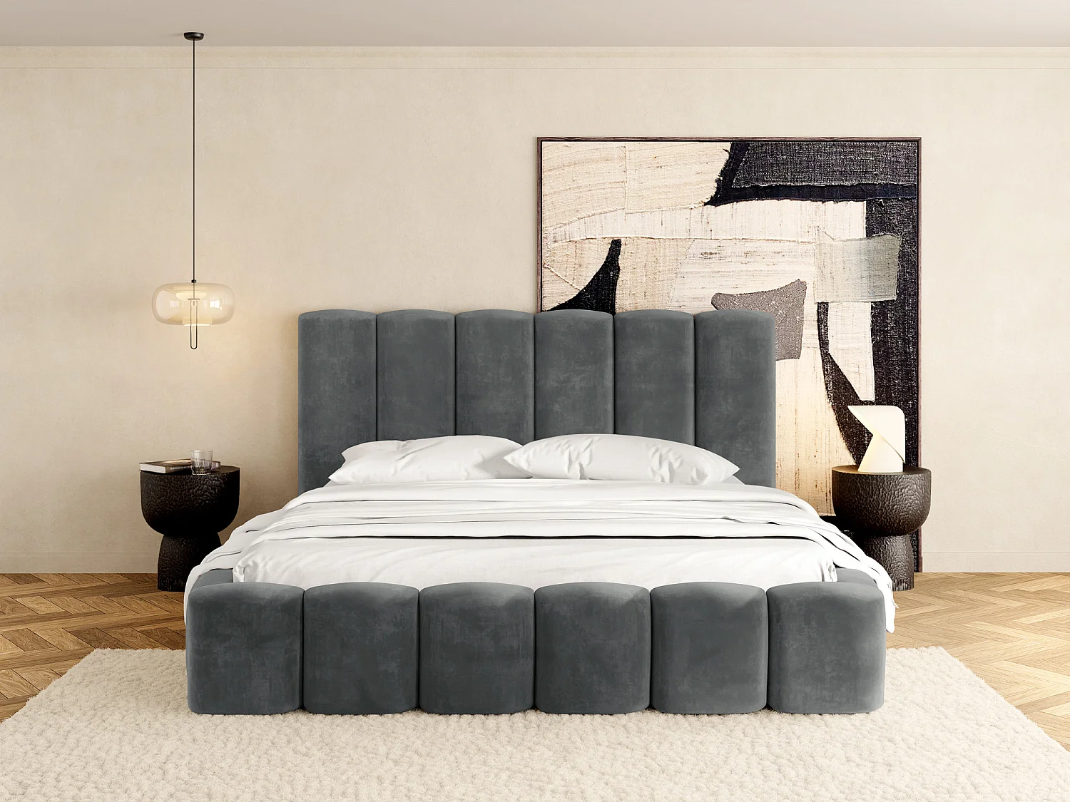 Polsterbett 140x200 – Bettkasten mit Lattenrost – Boucle oder Samt Grau – Hohes Kopfteil – Bettgestell ohne Matratze – Serenity – Grau