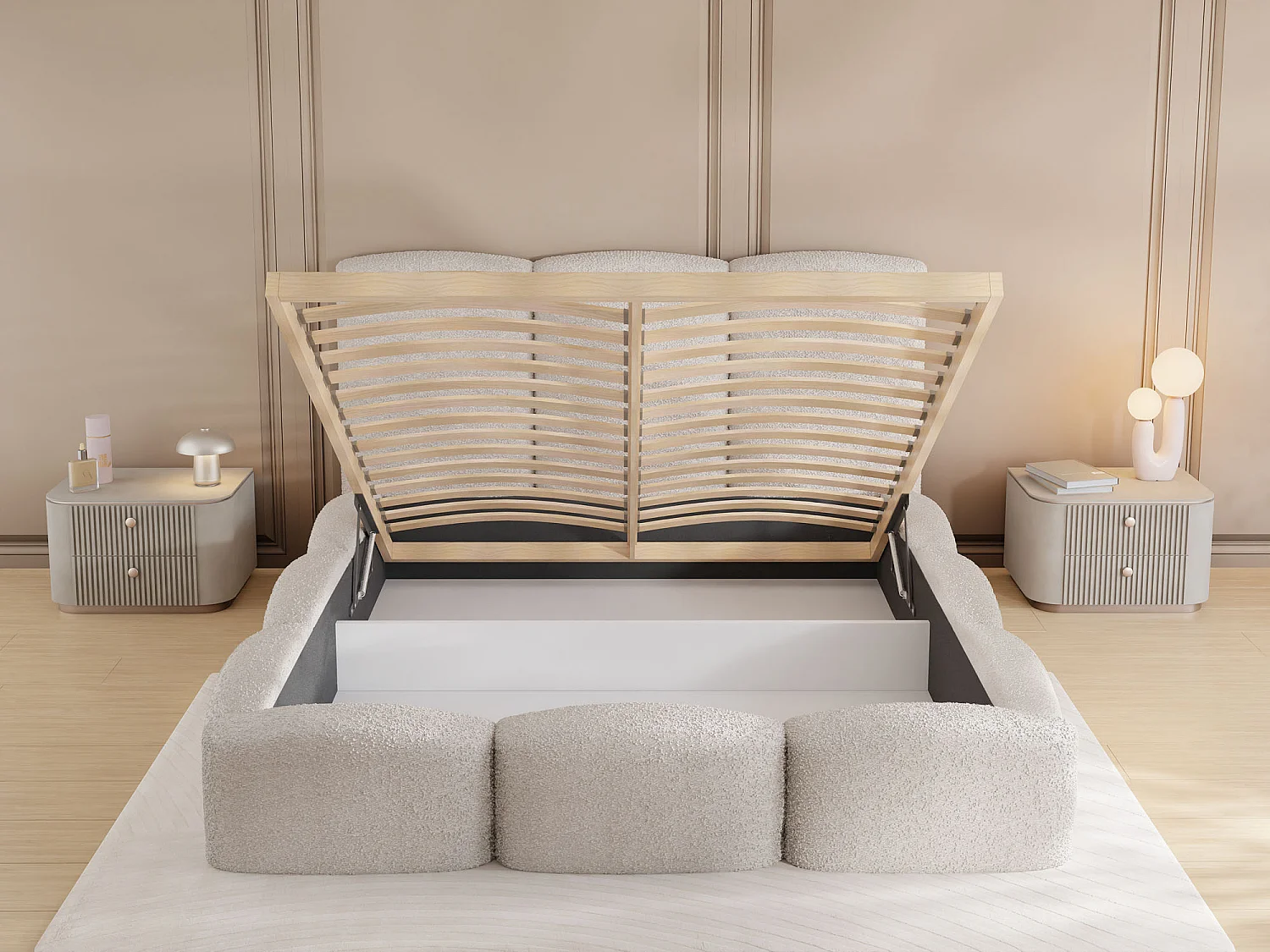 Polsterbett 180x200 – Bettkasten mit Lattenrost – Boucle oder Samt Creme – Hohes Kopfteil – Bettgestell ohne Matratze – Harmony – Modernes Doppelbett – Beige