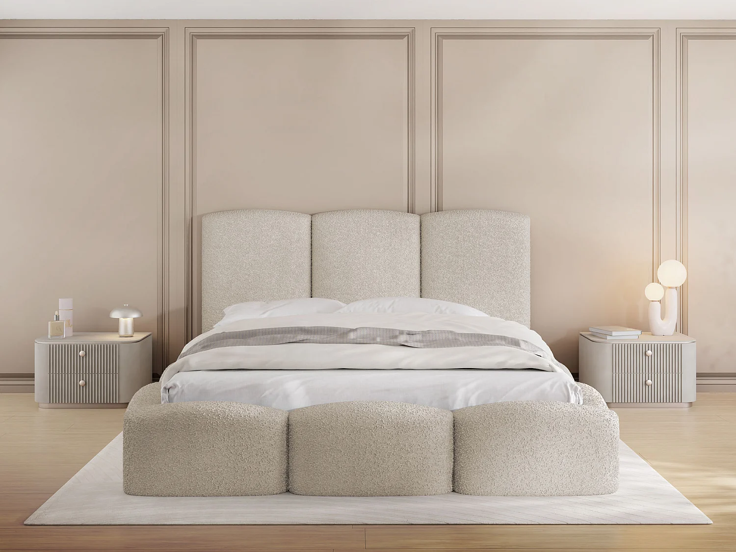 Polsterbett 180x200 – Bettkasten mit Lattenrost – Boucle oder Samt Creme – Hohes Kopfteil – Bettgestell ohne Matratze – Harmony – Modernes Doppelbett – Beige