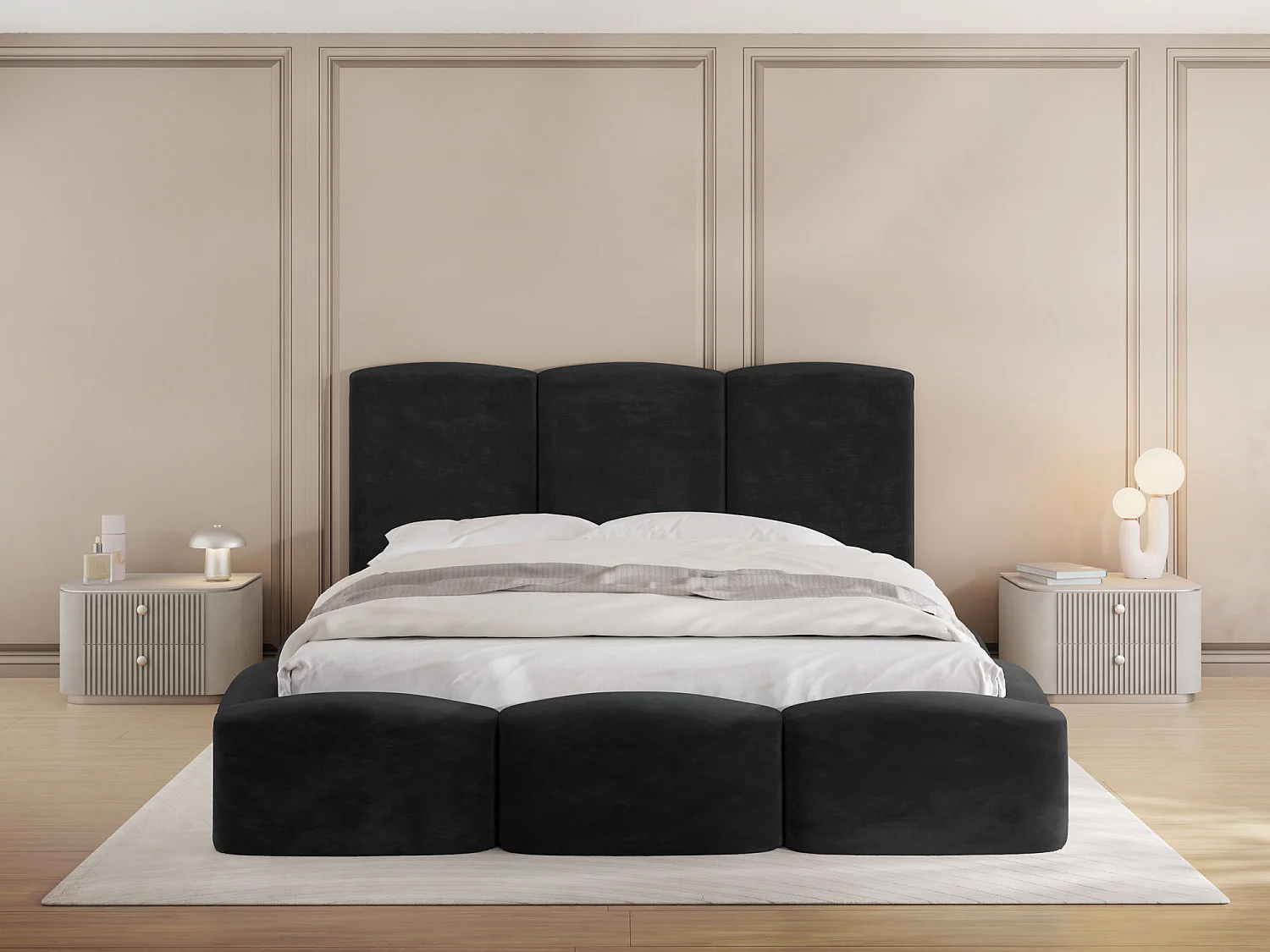 Polsterbett 200x200 – Bettkasten mit Lattenrost – Bouclé oder Samt Schwarz – Hohes Kopfteil – Bettgestell ohne Matratze – Harmony – Modernes Doppelbett – Schwarz