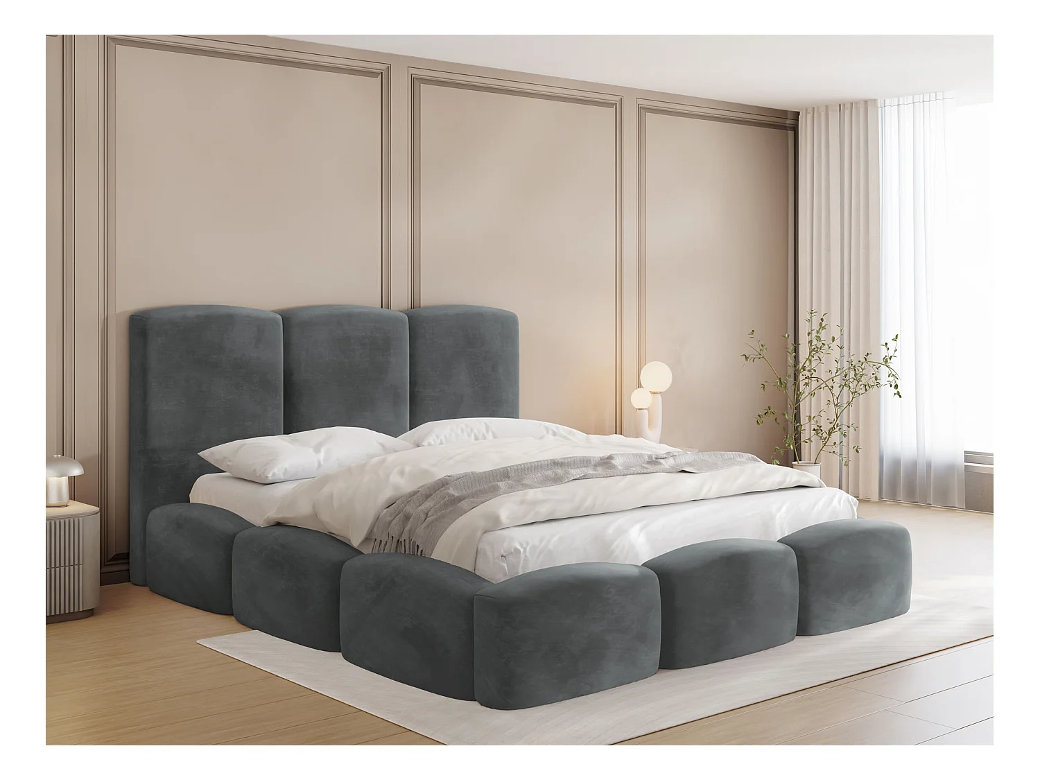 Lit Rembourré 160x200 - Lit Coffre en Tissu Velours Gris - Rangement - Cadre avec Sommier à Lattes - Tête Capitonnée - Harmony - Lit Adulte Moderne