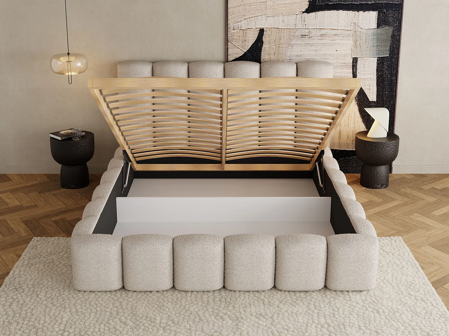 Lit Rembourré 160x200 - Lit Coffre en Tissu Blanc - Rangement - Cadre avec Sommier, sans Matelas - Tête Capitonnée - Serenity - Blanc