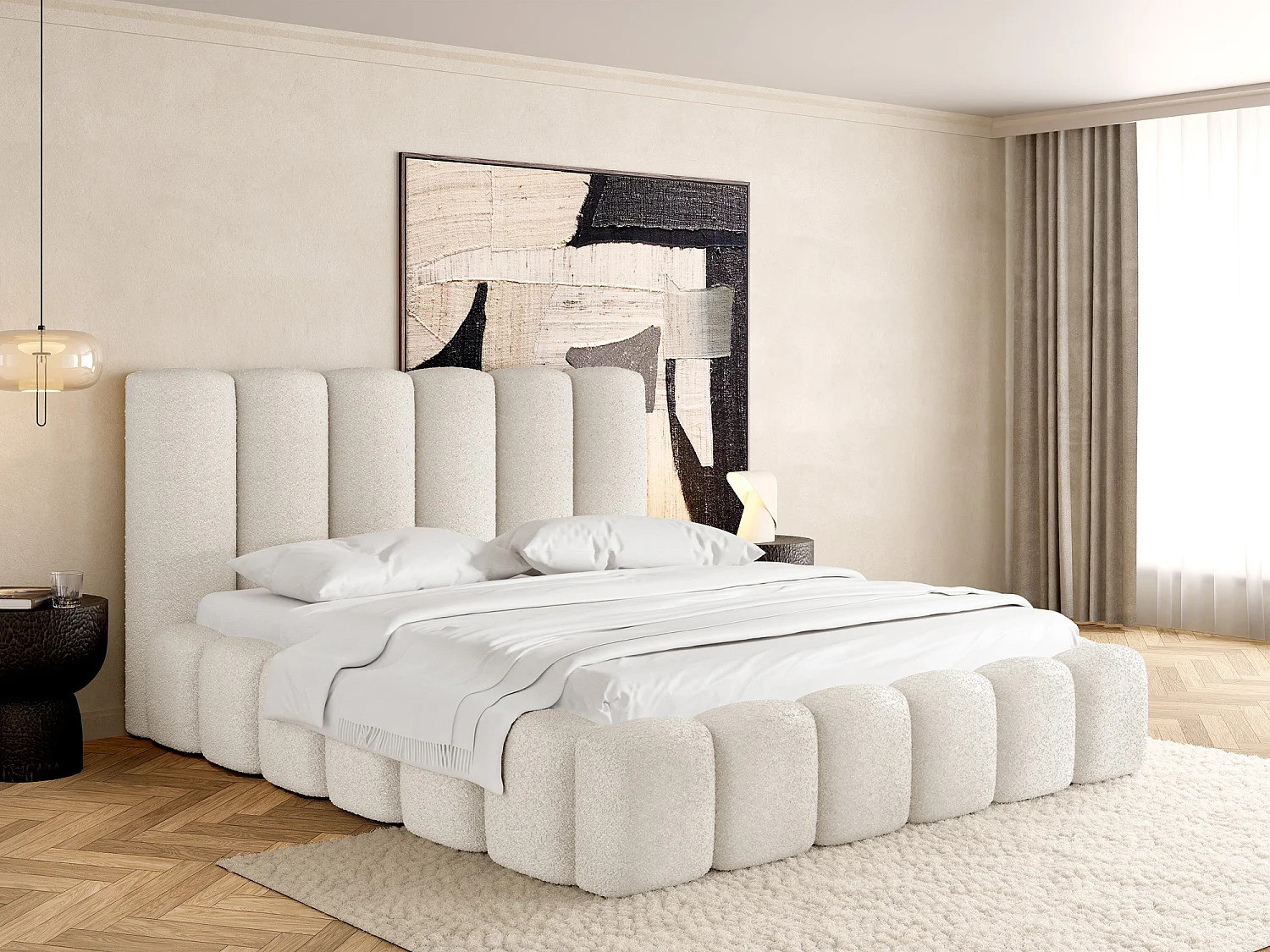 Polsterbett 160x200 – Bettkasten mit Lattenrost – Boucle oder Samt Weiß – Hohes Kopfteil – Bettgestell ohne Matratze – Serenity – Weiß