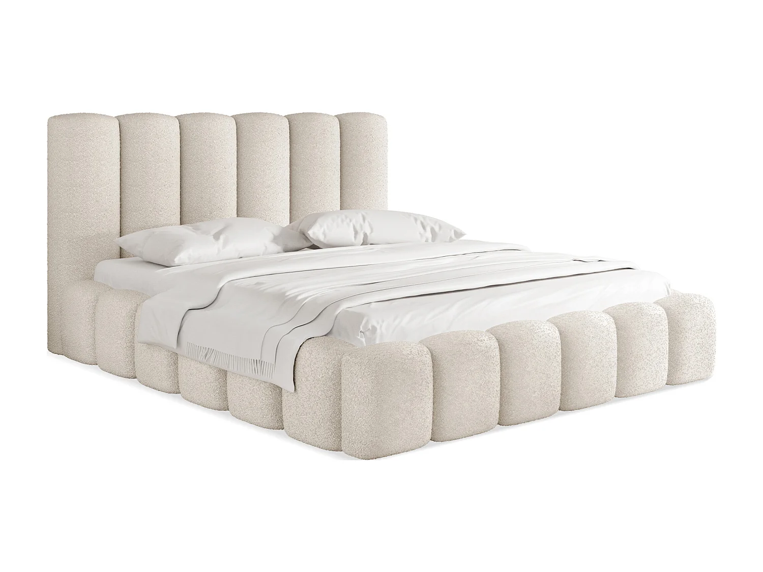 Polsterbett 160x200 – Bettkasten mit Lattenrost – Boucle oder Samt Weiß – Hohes Kopfteil – Bettgestell ohne Matratze – Serenity – Weiß