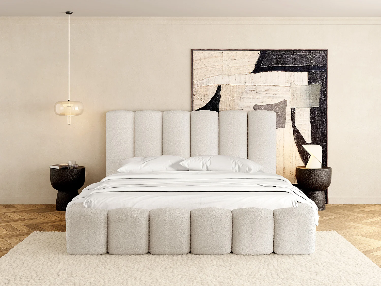 Polsterbett 160x200 – Bettkasten mit Lattenrost – Boucle oder Samt Weiß – Hohes Kopfteil – Bettgestell ohne Matratze – Serenity – Weiß