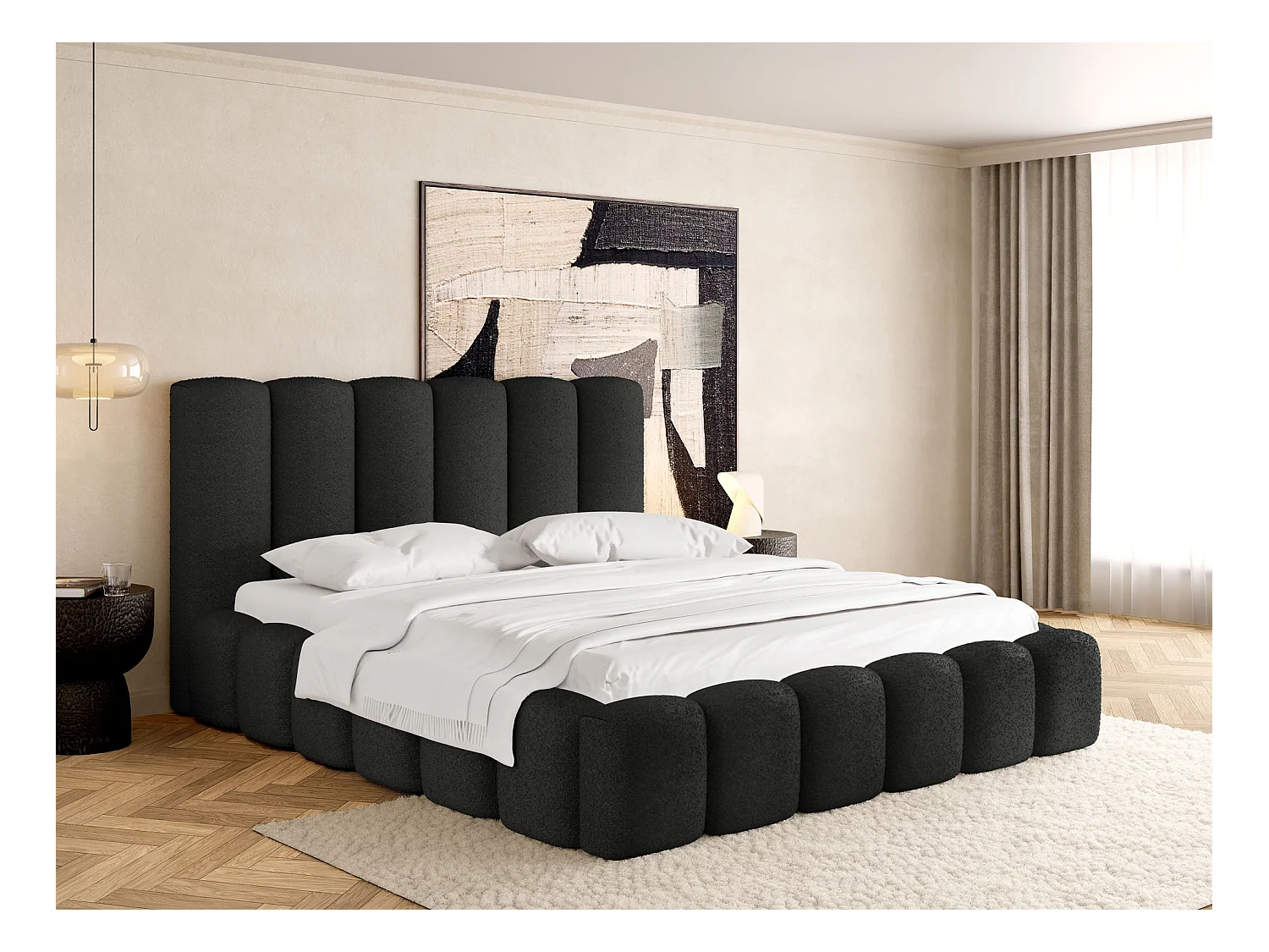 Polsterbett 180x200 – Bettkasten mit Lattenrost – Boucle oder Samt Schwarz – Hohes Kopfteil – Bettgestell ohne Matratze – Serenity – Schwarz