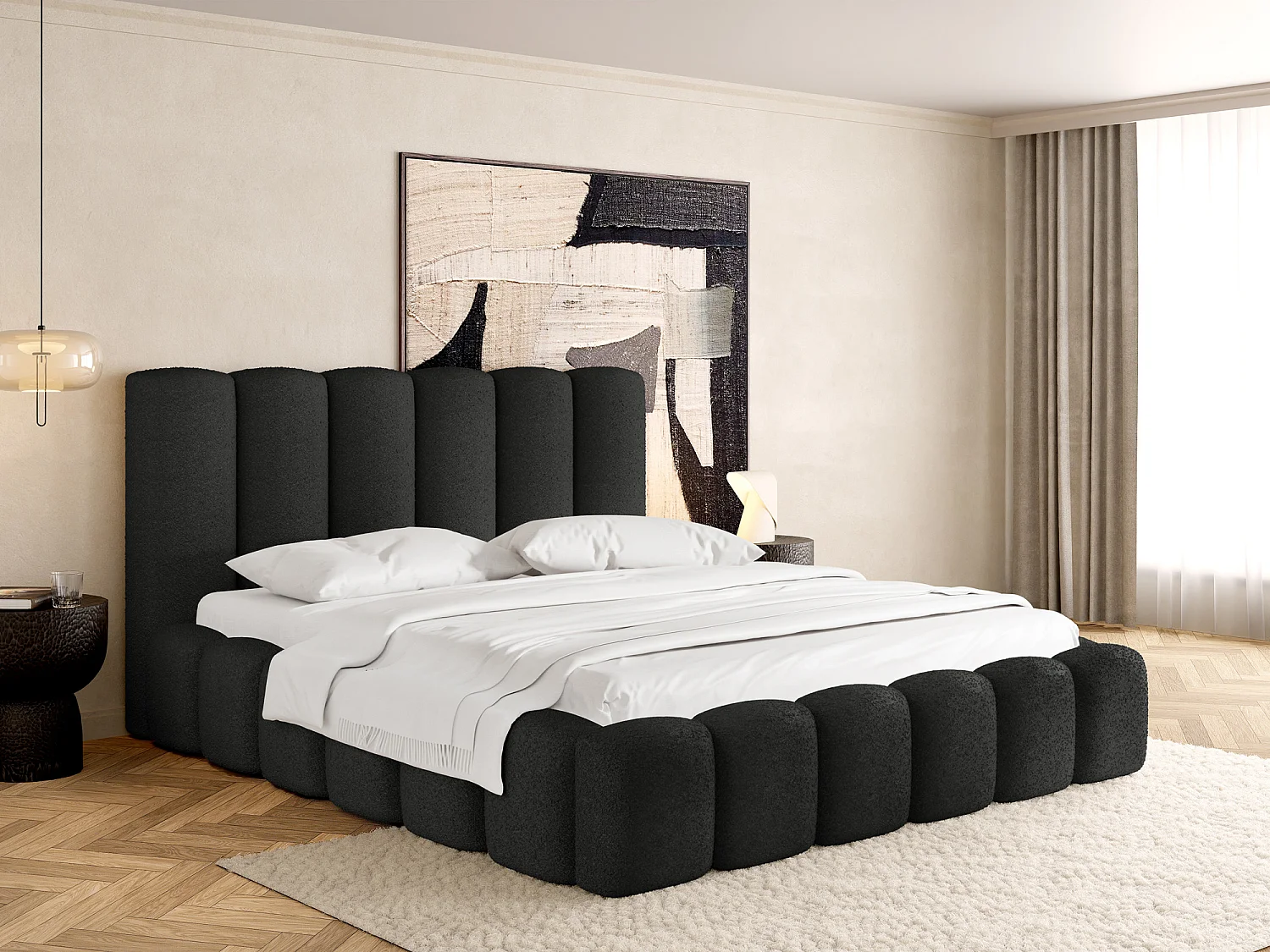 Polsterbett 180x200 – Bettkasten mit Lattenrost – Boucle oder Samt Schwarz – Hohes Kopfteil – Bettgestell ohne Matratze – Serenity – Schwarz