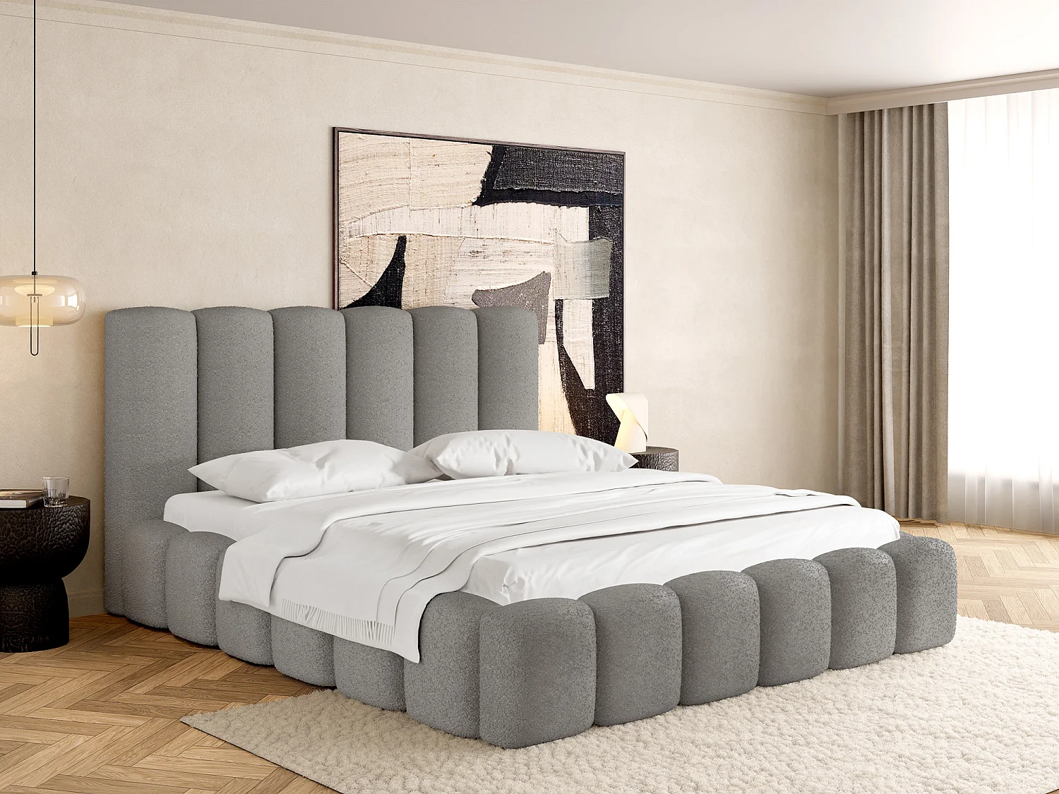 Polsterbett 180x200 – Bettkasten mit Lattenrost – Boucle oder Samt Grau – Hohes Kopfteil – Bettgestell ohne Matratze – Serenity – Grau