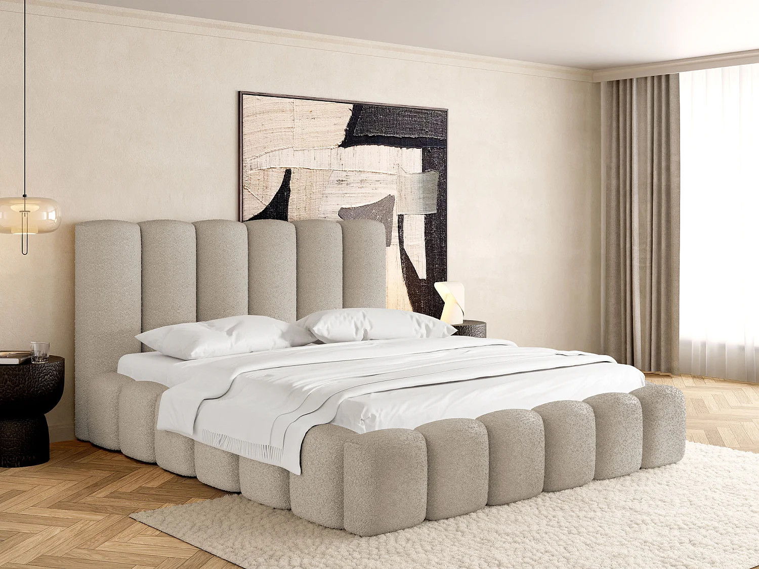 Polsterbett 200x200 – Bettkasten mit Lattenrost – Boucle oder Samt Creme – Hohes Kopfteil – Bettgestell ohne Matratze – Serenity – Creme