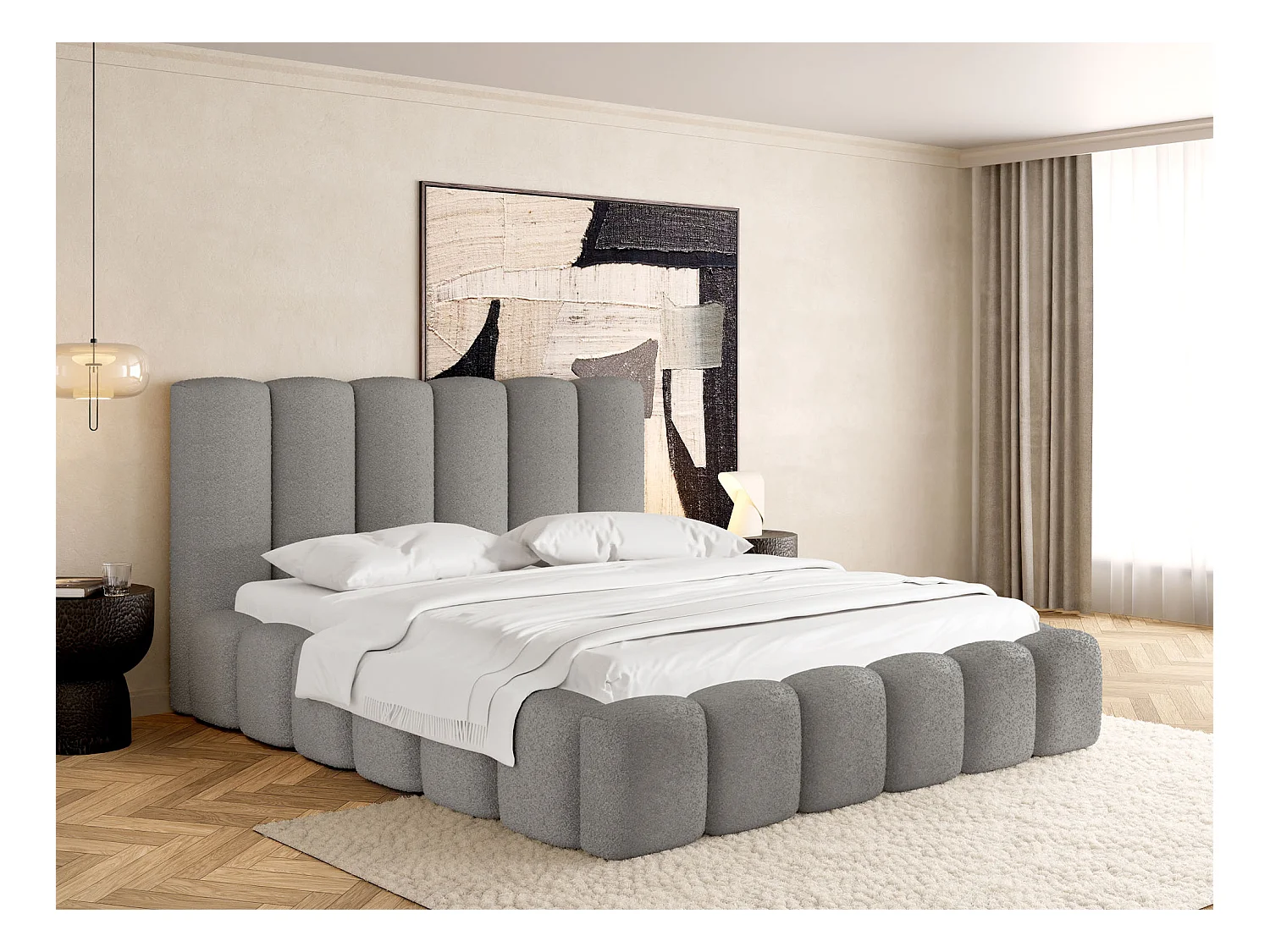 Lit Rembourré 120x200 - Lit Coffre en Tissu Gris - Rangement - Cadre avec Sommier, sans Matelas - Tête Capitonnée - Serenity - Gris